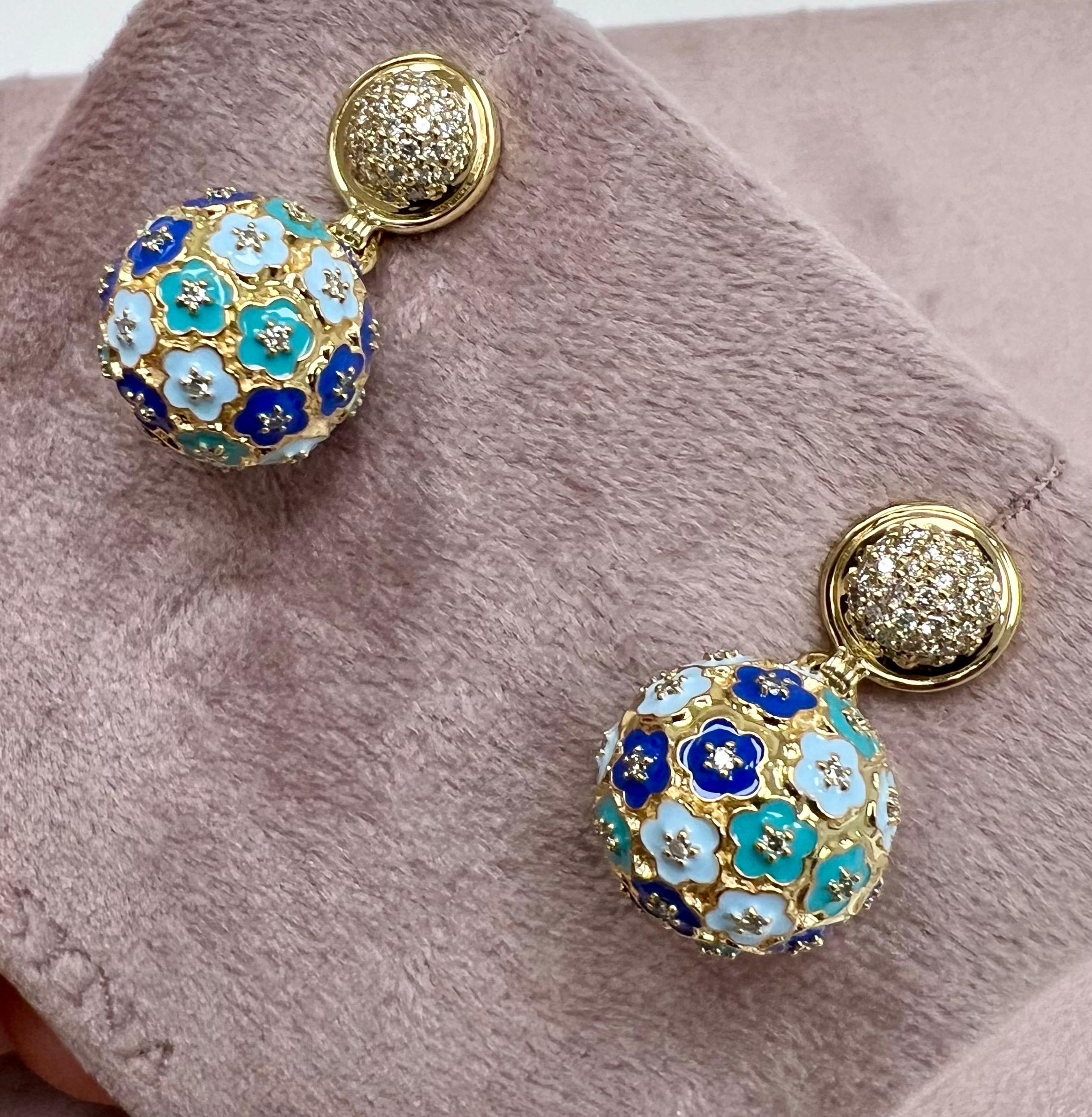 Round Cut Syna Yellow Gold Multi Color Enamel Floral Ball Earrings For Sale