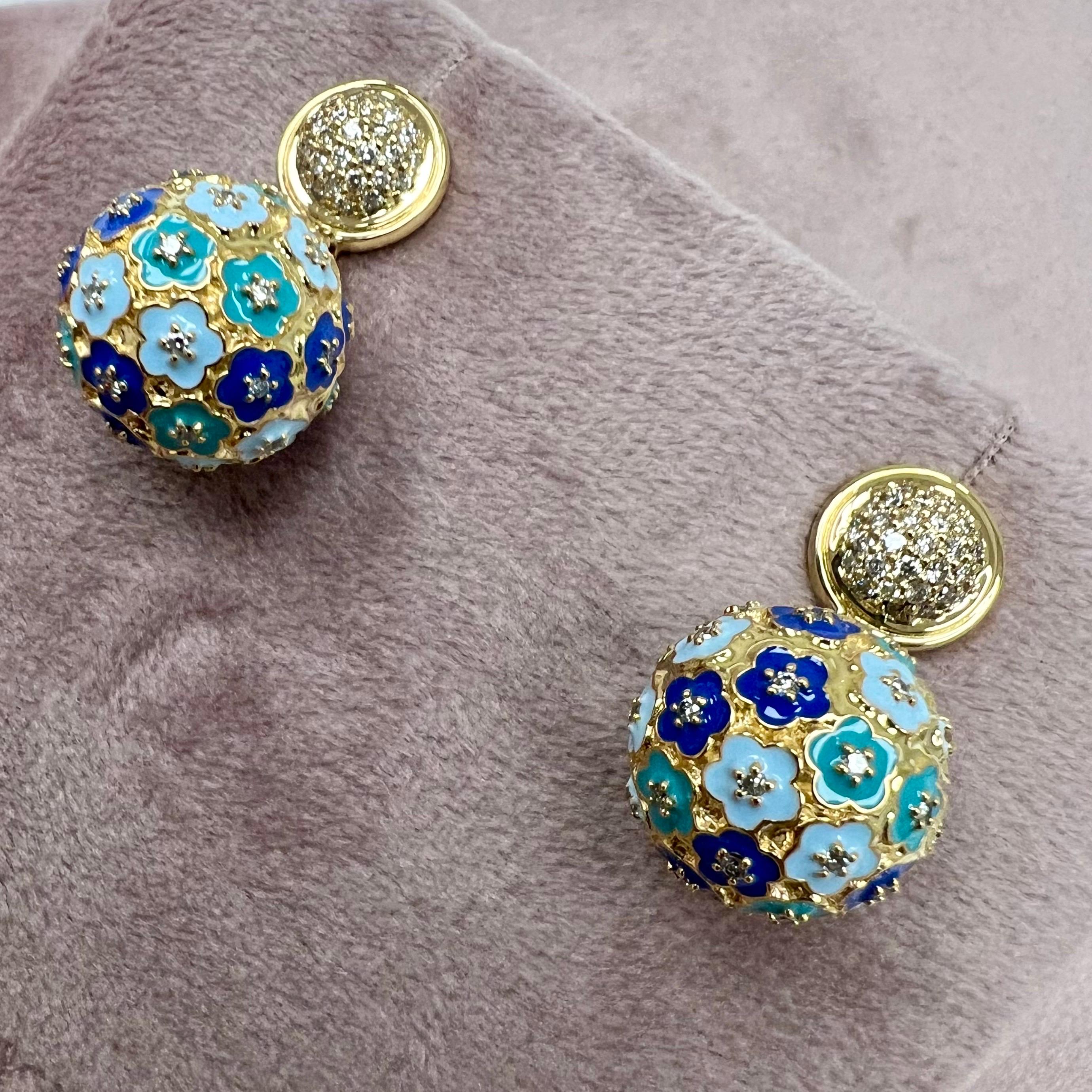 Syna Yellow Gold Multi Color Enamel Floral Ball Earrings In New Condition For Sale In Fort Lee, NJ