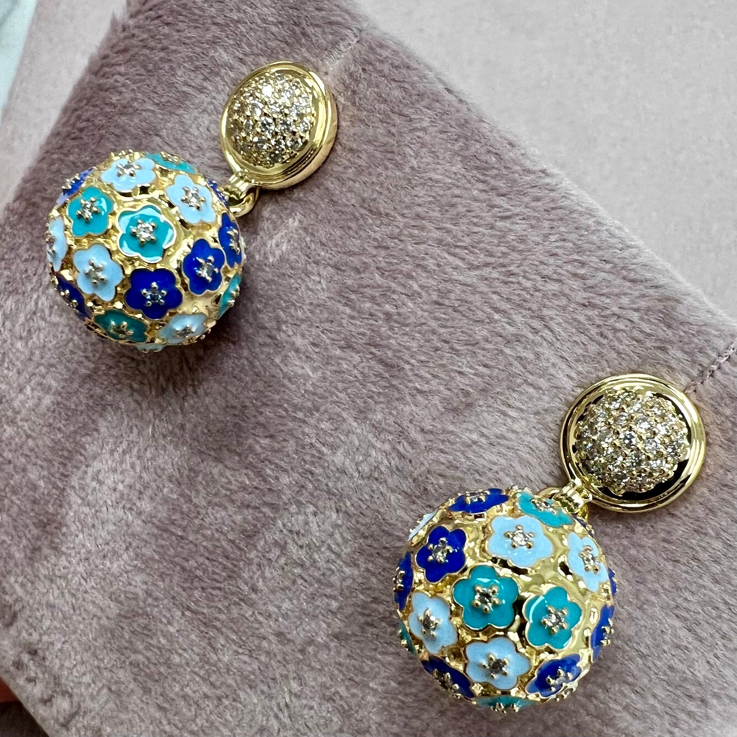 Syna Yellow Gold Multi Color Enamel Floral Ball Earrings For Sale 1