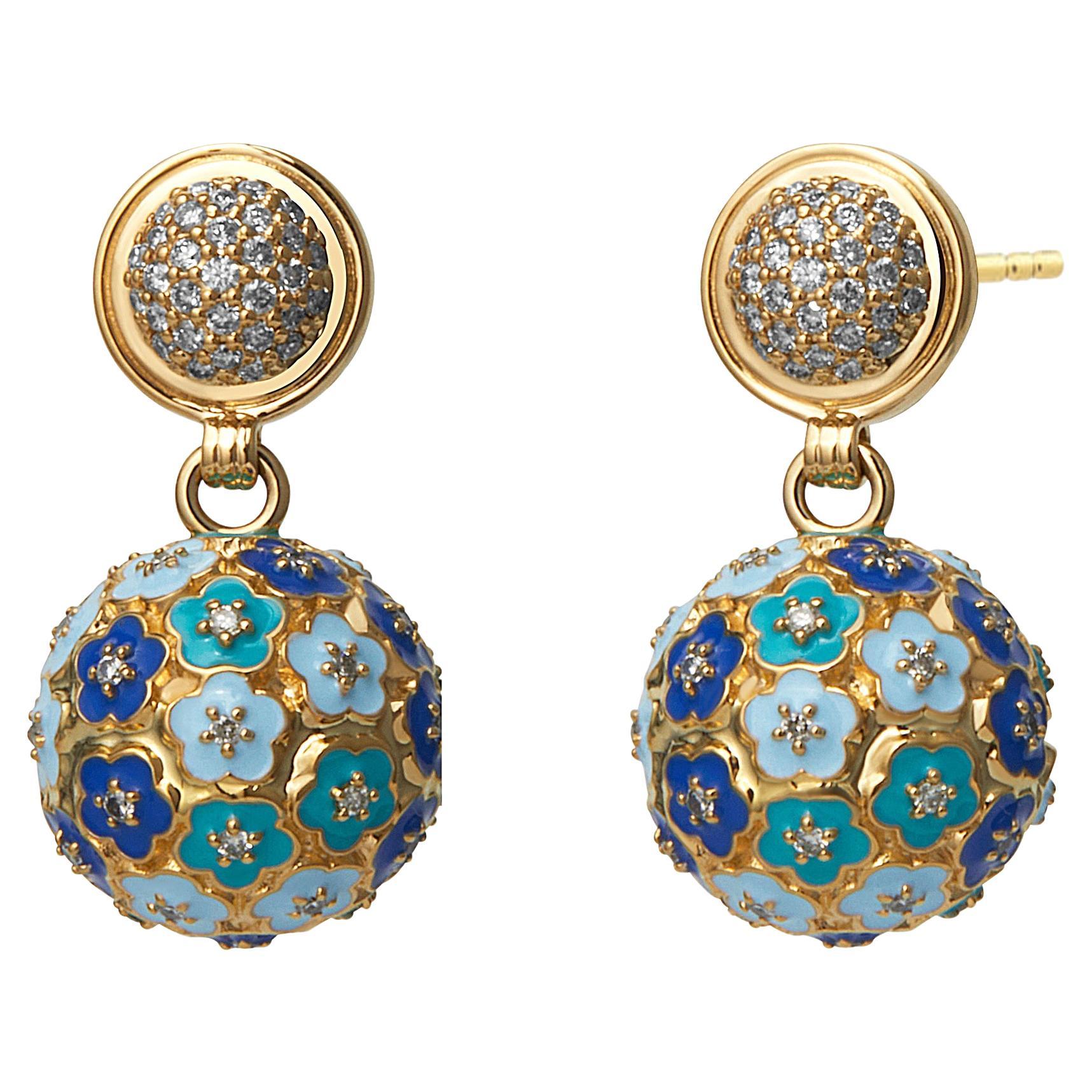 Syna Yellow Gold Multi Color Enamel Floral Ball Earrings For Sale