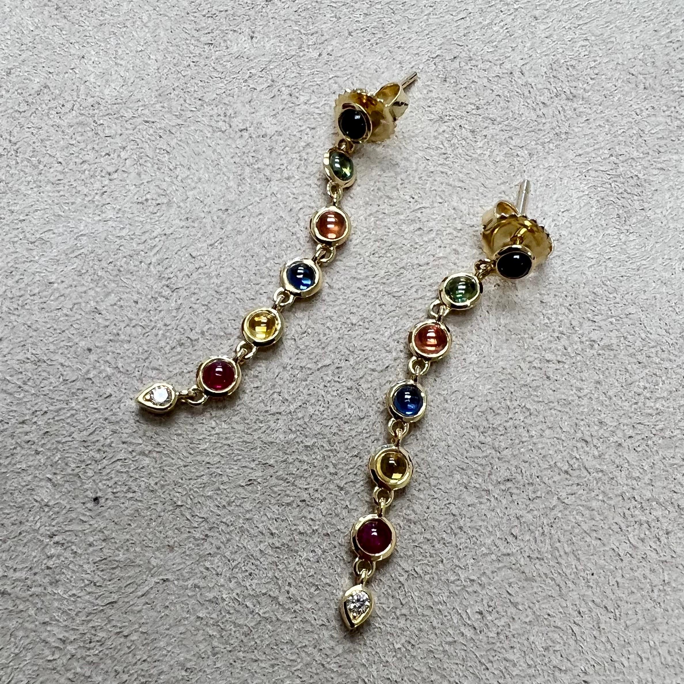 Round Cut Syna Yellow Gold Multi Color Sapphires Earrings with Diamonds For Sale