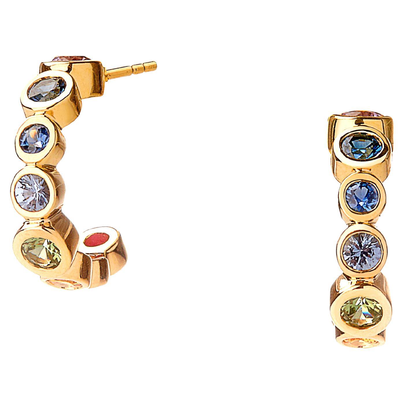 18 Karat Yellow Gold MultiColor Sapphire Hoop Earring For Sale (Free