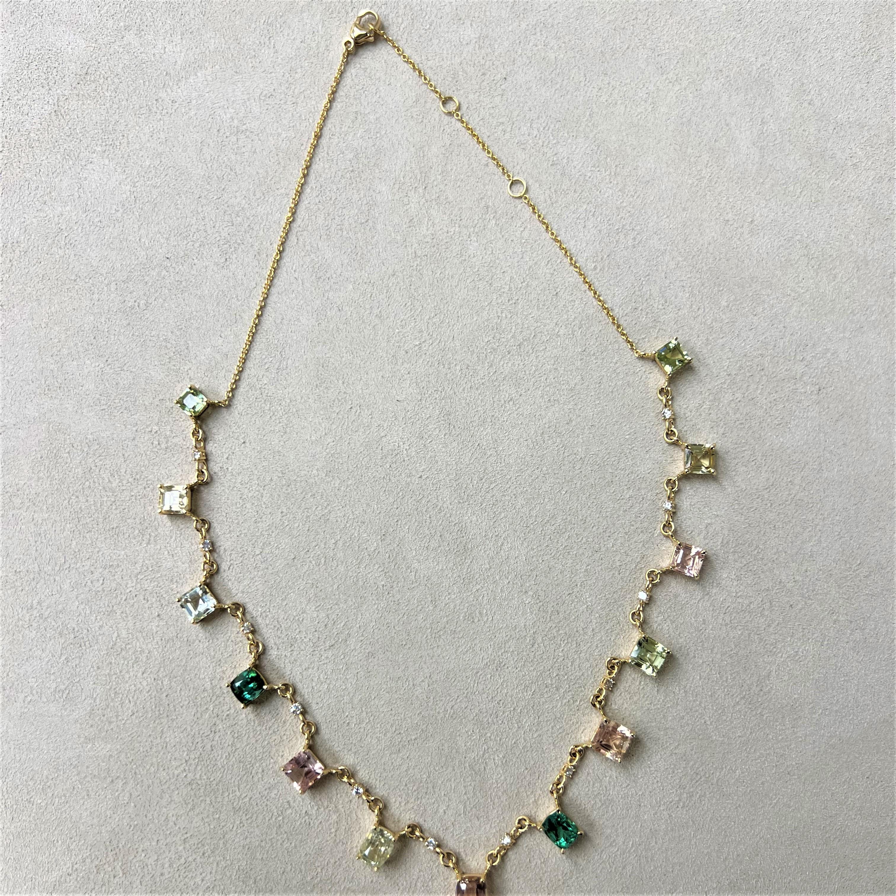 Mixed Cut Syna Yellow Gold Multi Color Tourmaline Geometrix Necklace with Diamonds For Sale