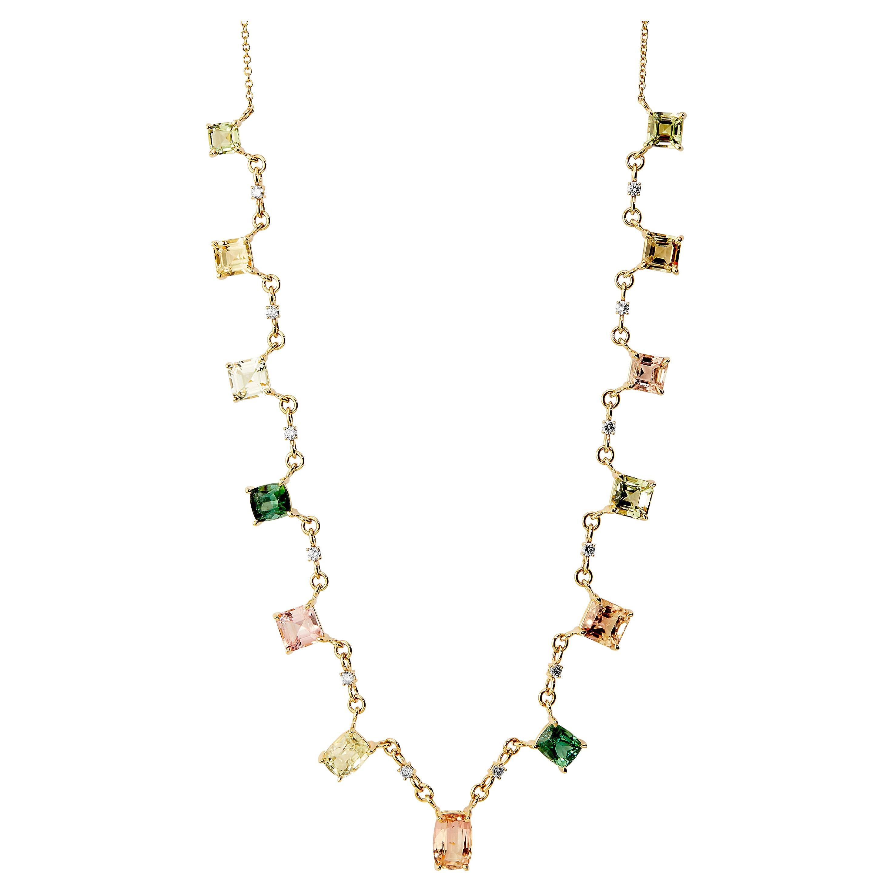 Syna Yellow Gold Multi Color Tourmaline Geometrix Necklace with Diamonds For Sale