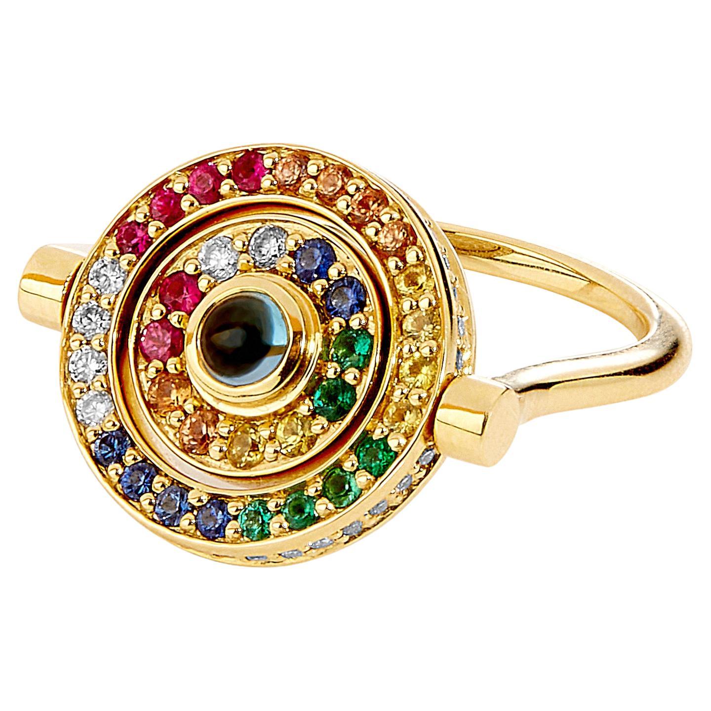 Syna Yellow Gold Multi Gem Reversible Swivel Ring with Diamonds For Sale