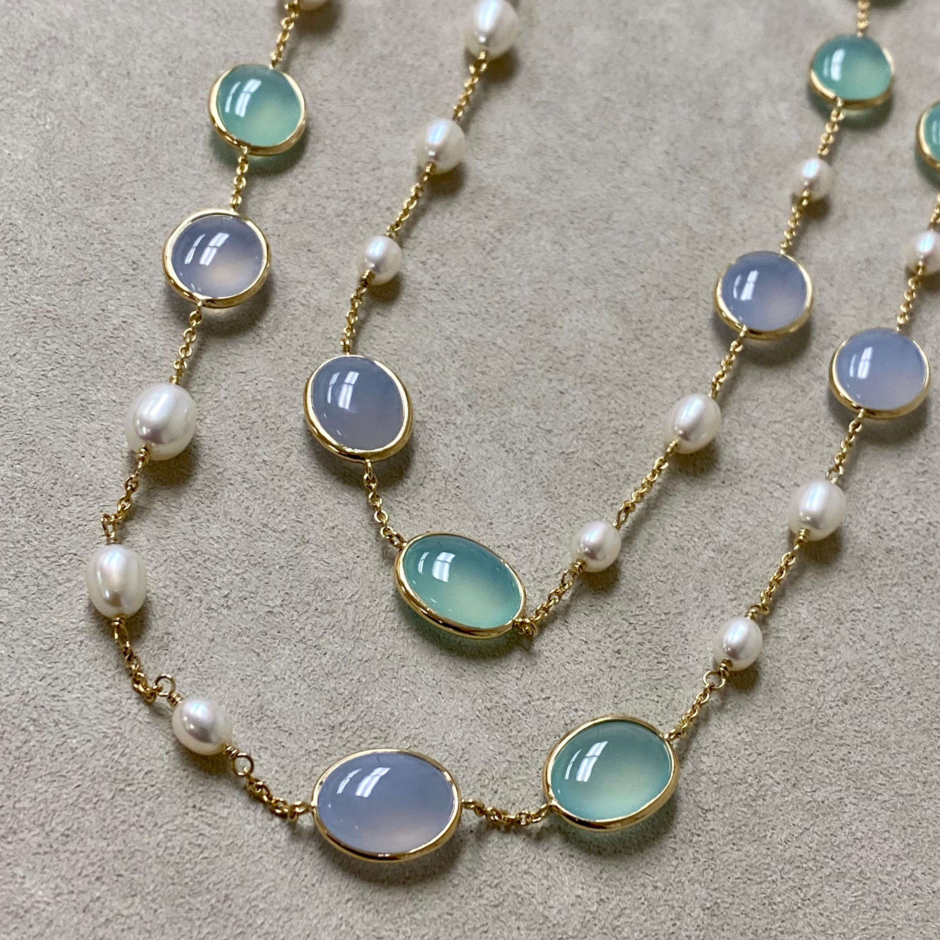 Contemporary Syna Yellow Gold Necklace with Pearls, Blue Chalcedony and Sea Green Chalcedony