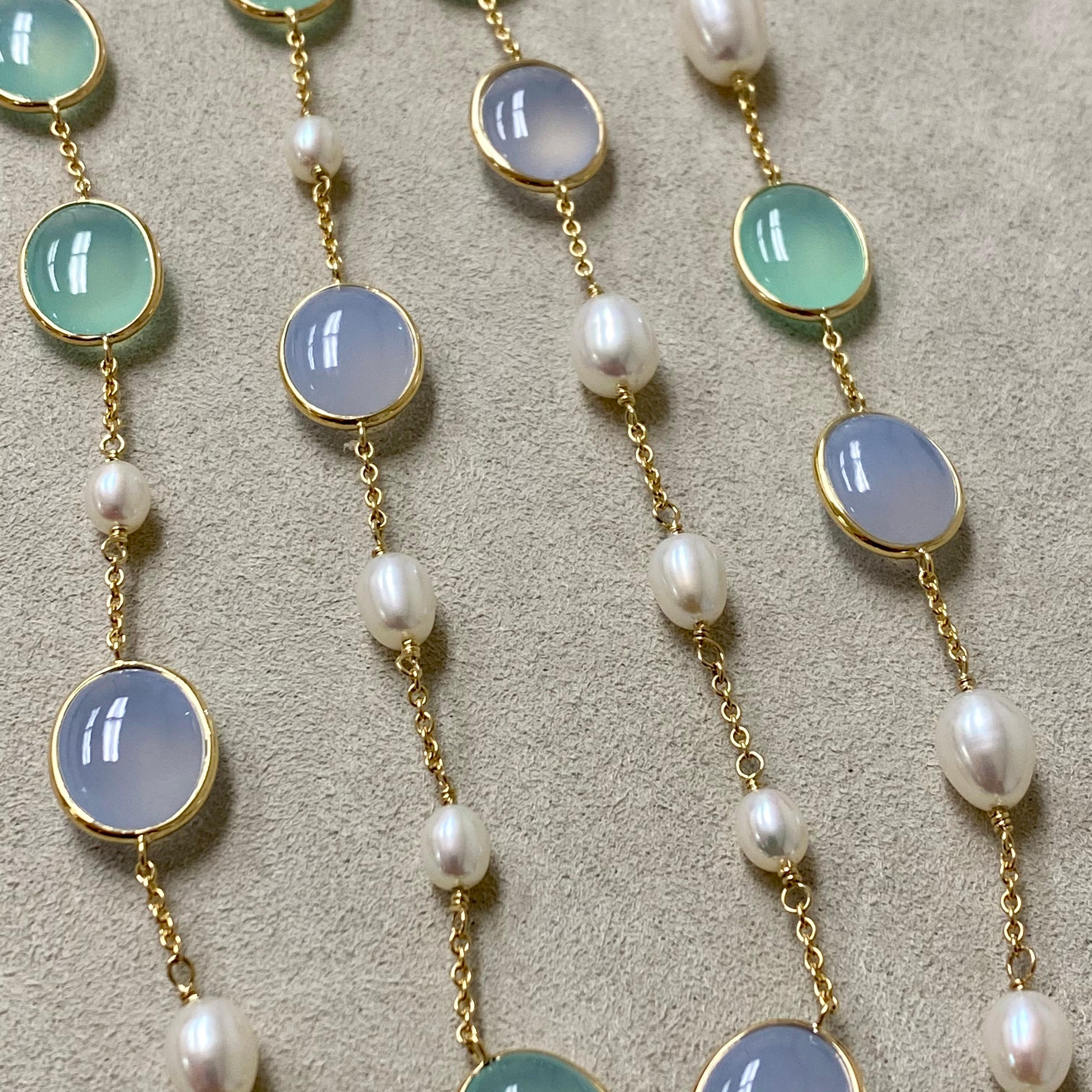 Mixed Cut Syna Yellow Gold Necklace with Pearls, Blue Chalcedony and Sea Green Chalcedony