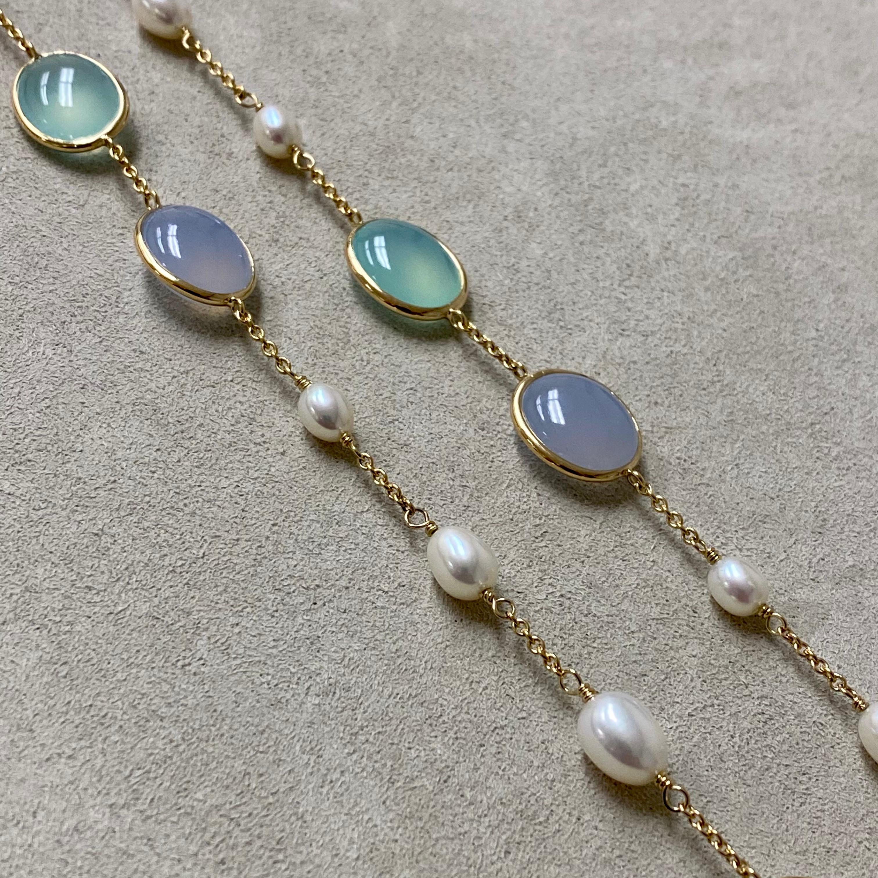 Syna Yellow Gold Necklace with Pearls, Blue Chalcedony and Sea Green Chalcedony In New Condition In Fort Lee, NJ