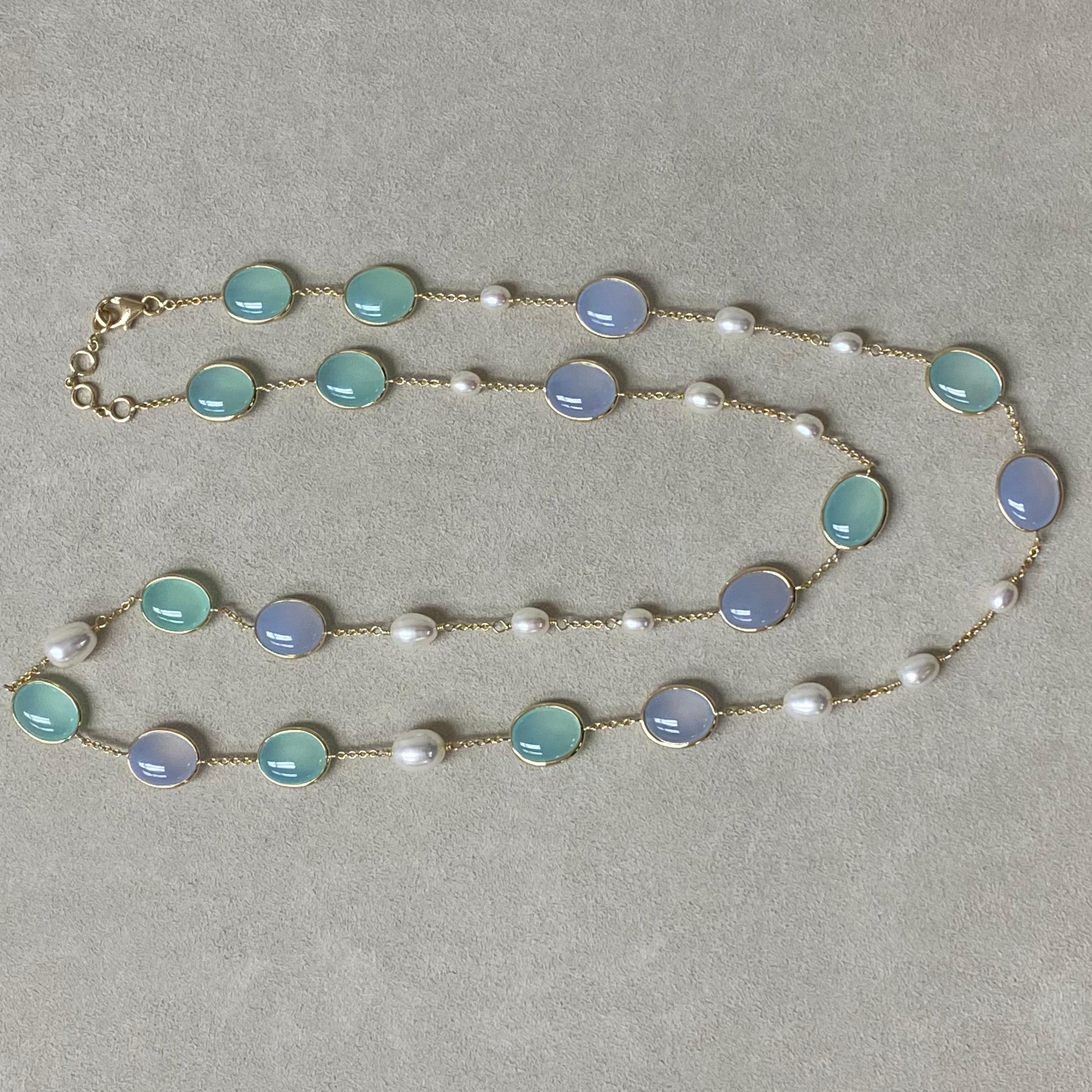 Women's Syna Yellow Gold Necklace with Pearls, Blue Chalcedony and Sea Green Chalcedony