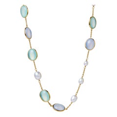 Syna Yellow Gold Necklace with Pearls, Blue Chalcedony and Sea Green Chalcedony