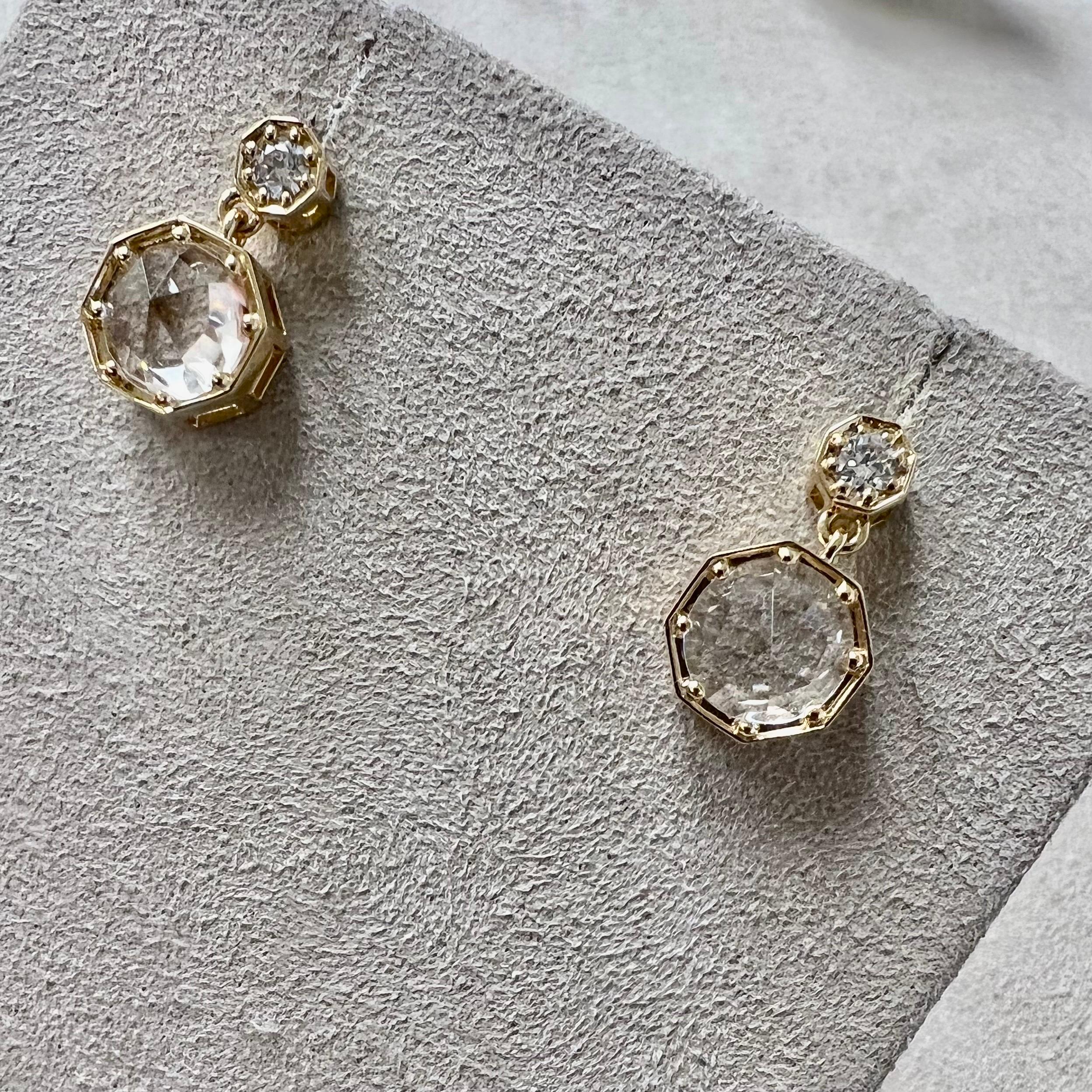 Created in 18 karat yellow gold
Rock crystal 3 carats approx.
Diamonds 0.20 carat approx.
18kyg butterfly backs

Formulated from 18 karat yellow gold, these earrings captivate with an estimated 3 carats of rock crystal and 0.20 carats of diamonds,