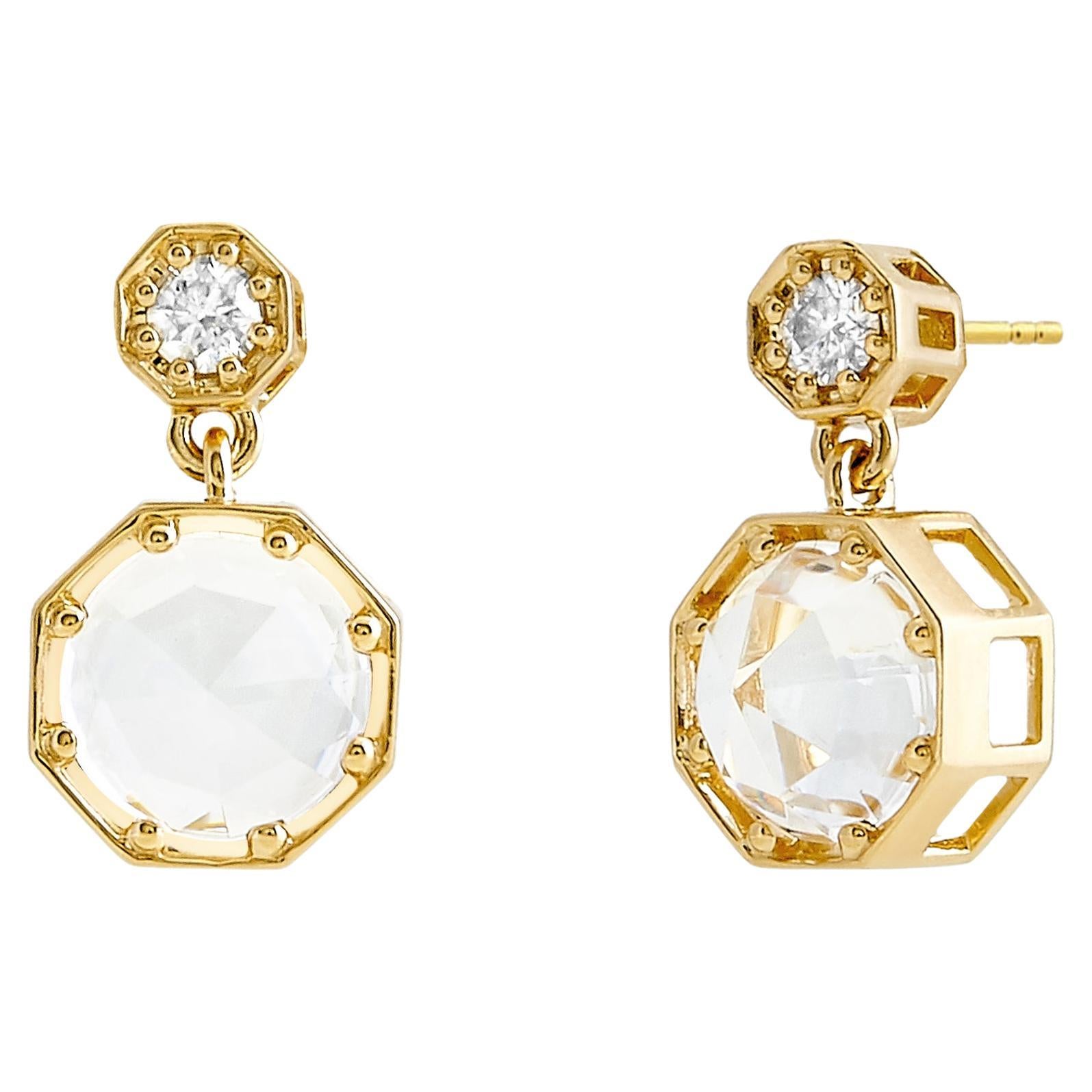 Syna Ohrringe aus Gelbgold mit achteckigen Bergkristall-Ohrringen und Diamanten im Angebot