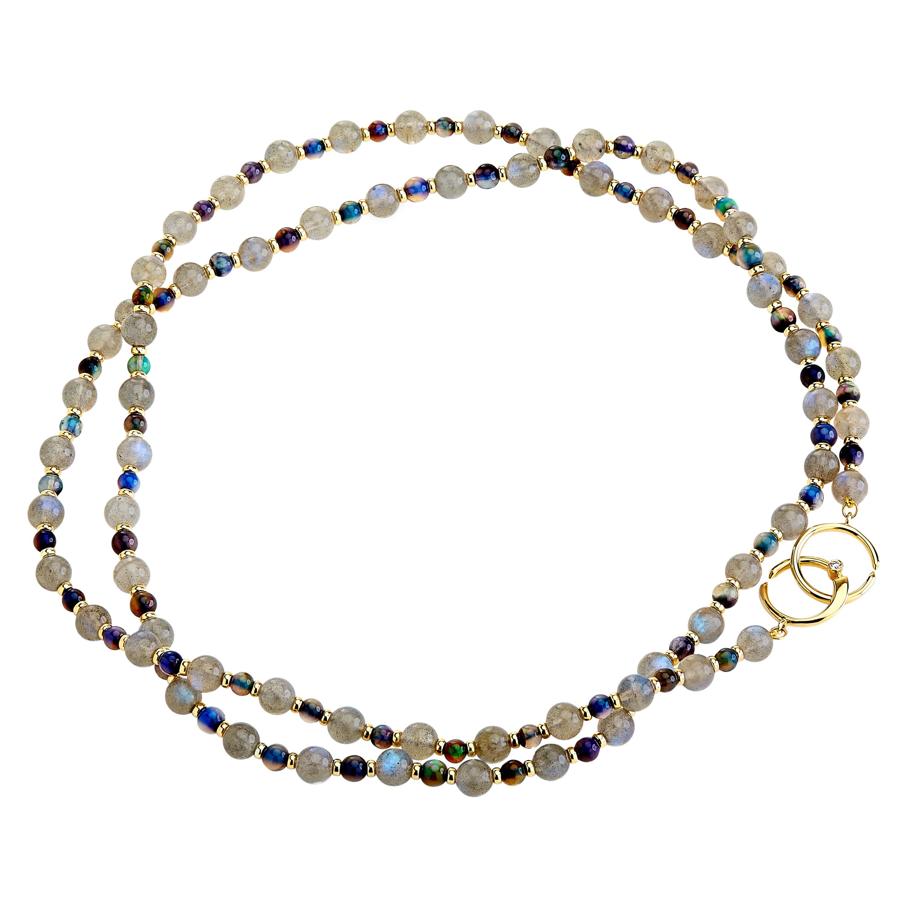 Syna Yellow Gold Opal and Labradorite Bead Necklace For Sale