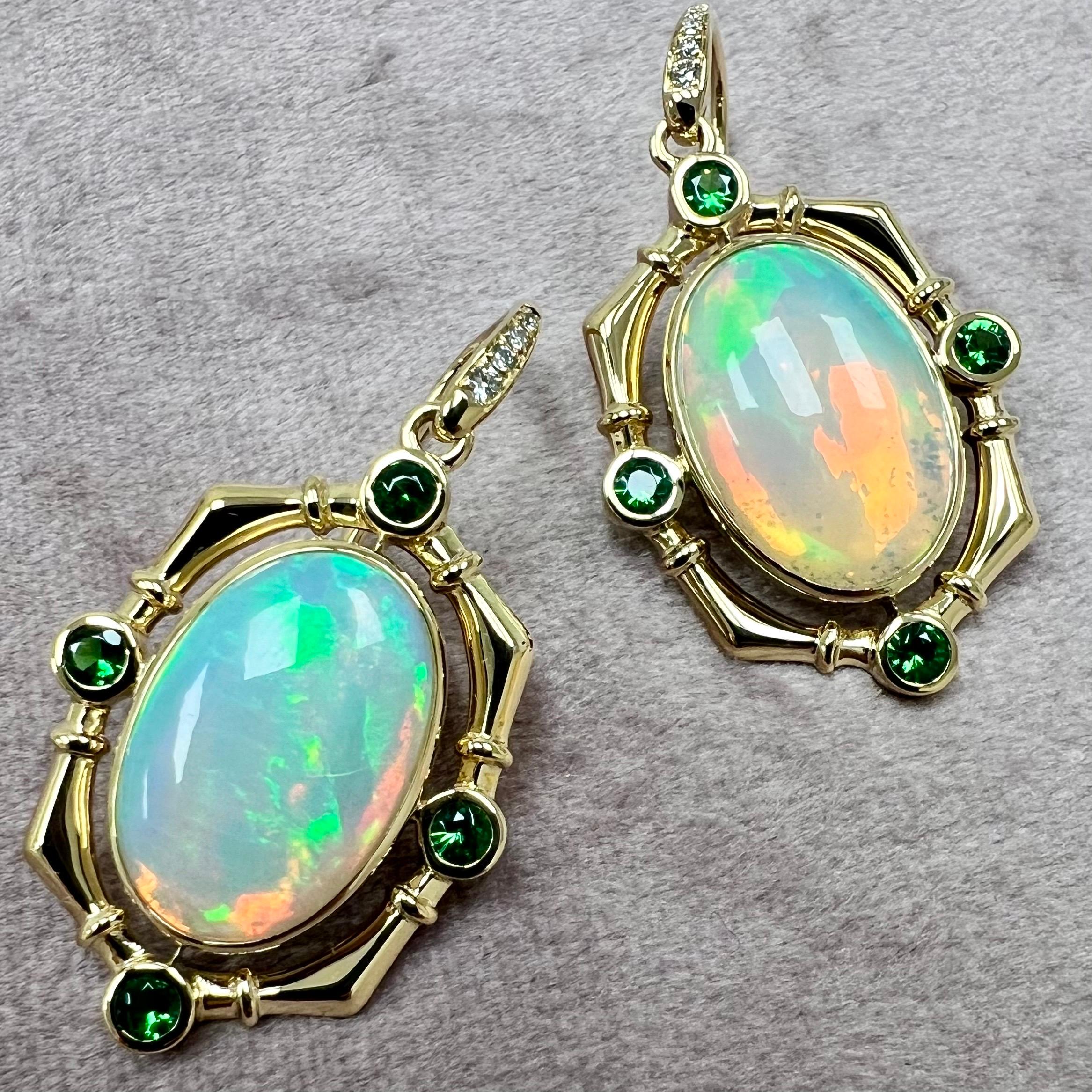 Contemporary Syna Yellow Gold Opal Earrings with Tsavorites and Diamonds For Sale