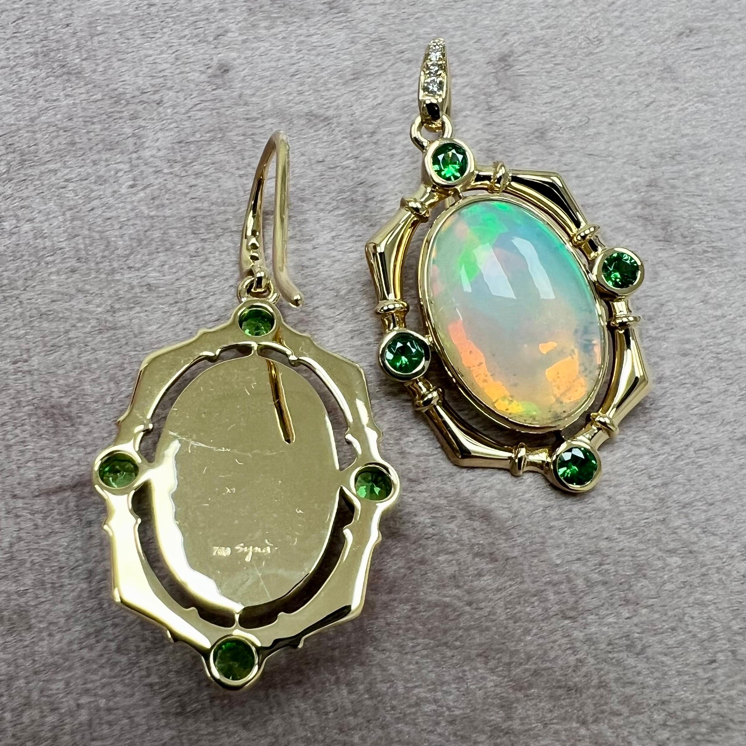 Mixed Cut Syna Yellow Gold Opal Earrings with Tsavorites and Diamonds For Sale