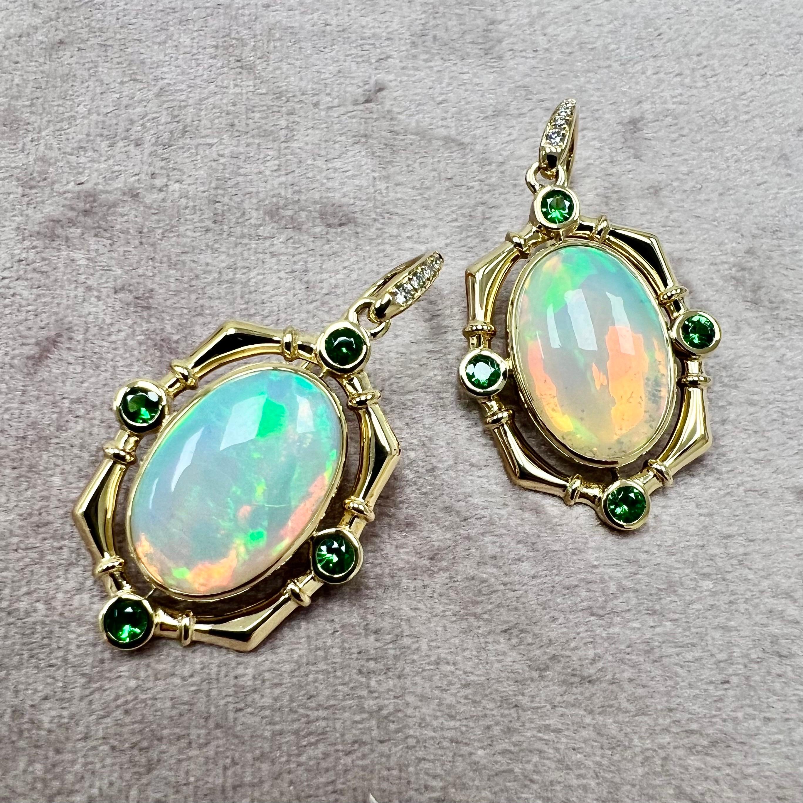 Syna Yellow Gold Opal Earrings with Tsavorites and Diamonds In New Condition For Sale In Fort Lee, NJ