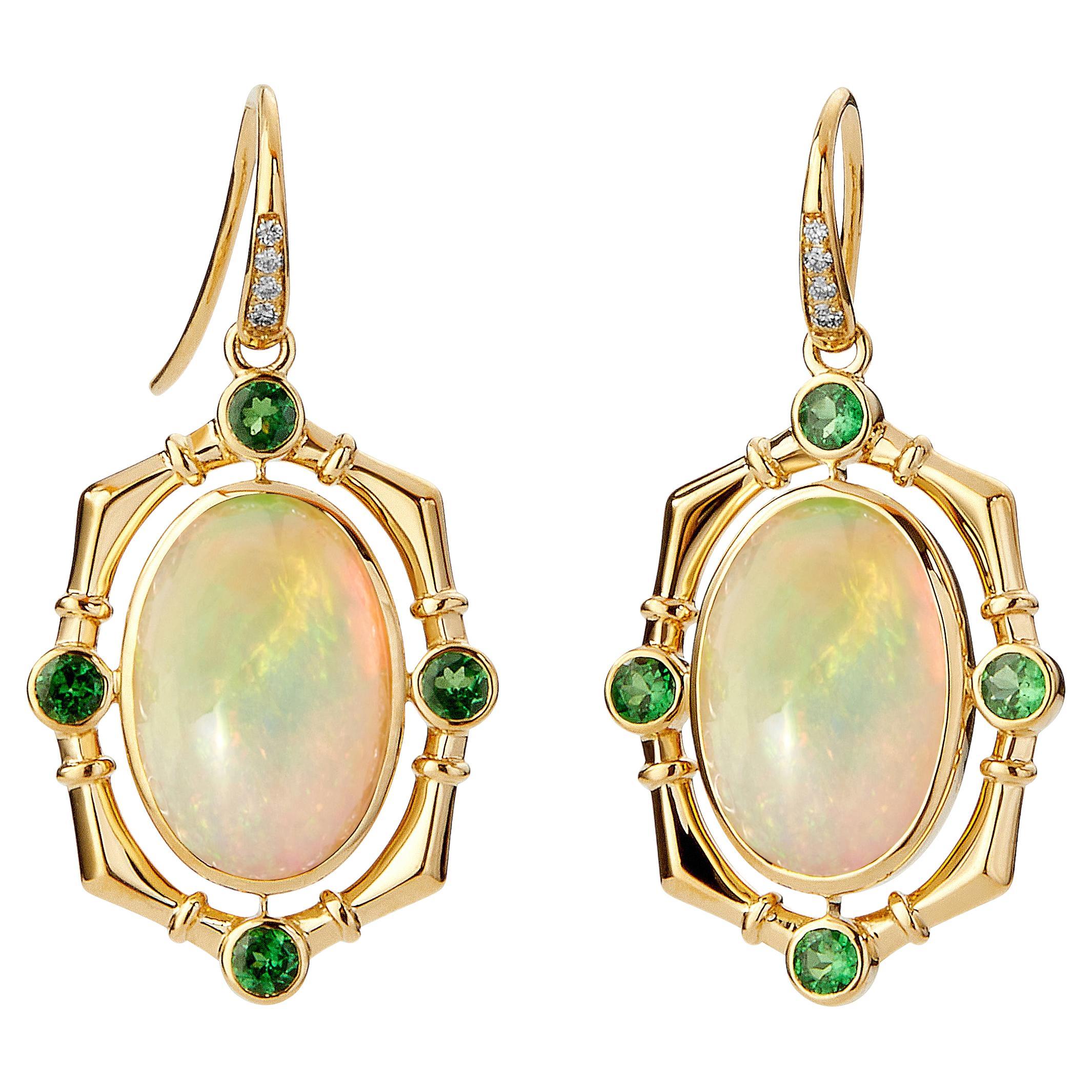 Syna Yellow Gold Opal Earrings with Tsavorites and Diamonds