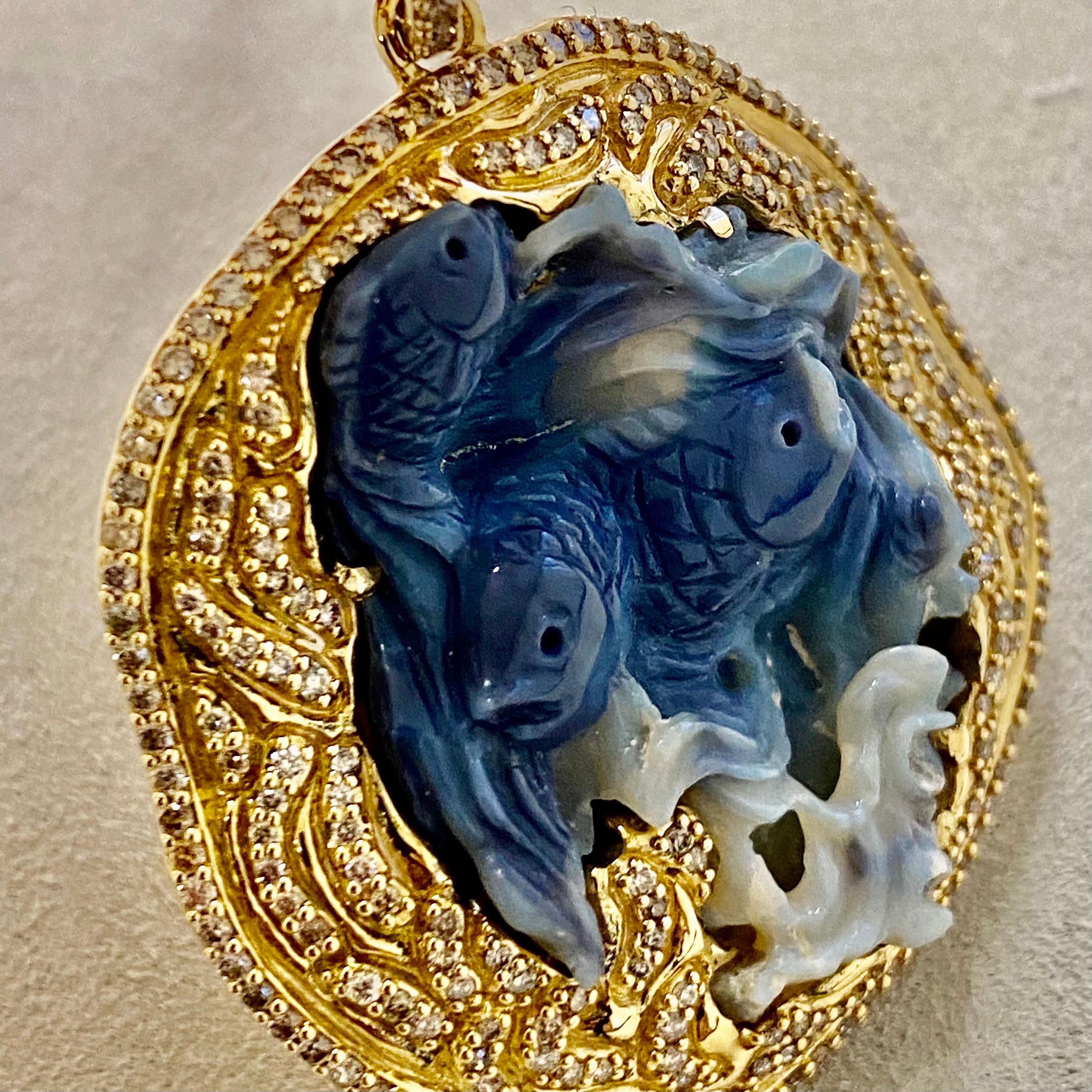 Rough Cut Syna Yellow Gold Opal Fish Pendant with Diamonds For Sale