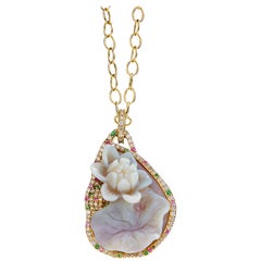 Syna Yellow Gold Opal Flower Pendant with Diamonds, Pink Sapphires and Tsavorite