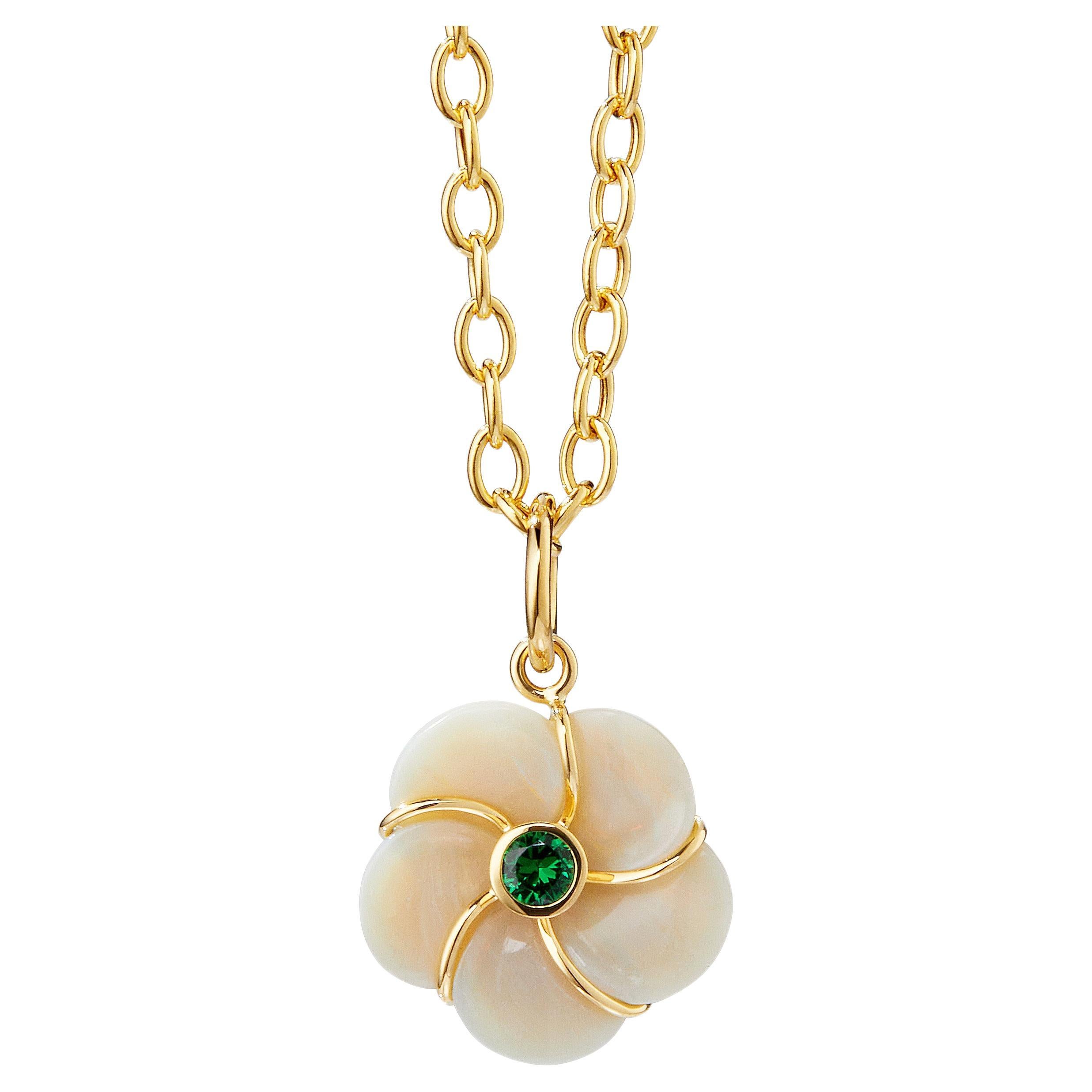 Syna Yellow Gold Opal Flower Pendant with Tsavorite For Sale