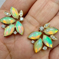 Syna Yellow Gold Opal Leaf Earrings with Diamonds