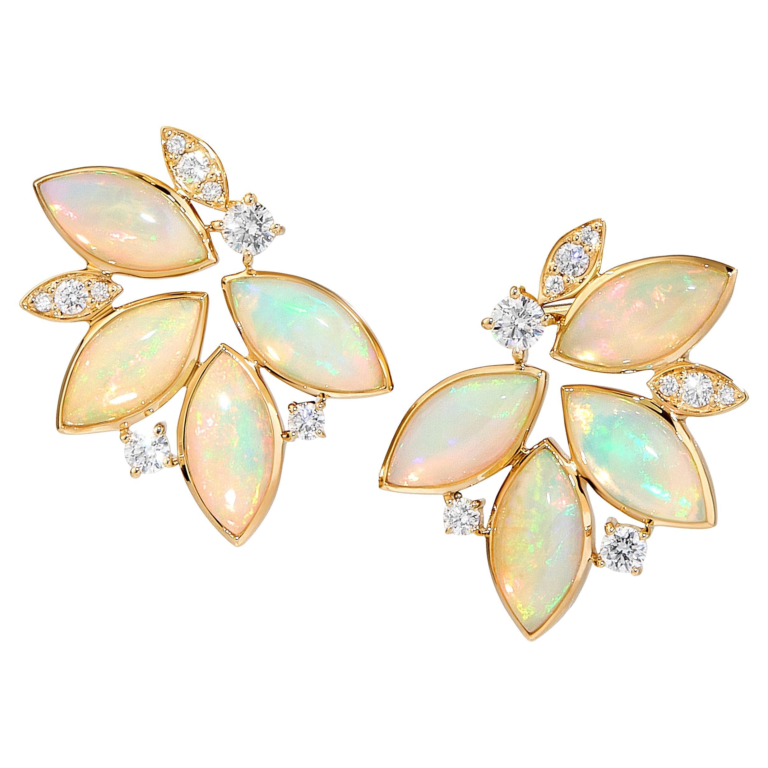 Syna Yellow Gold Opal Leaf Earrings with Diamonds