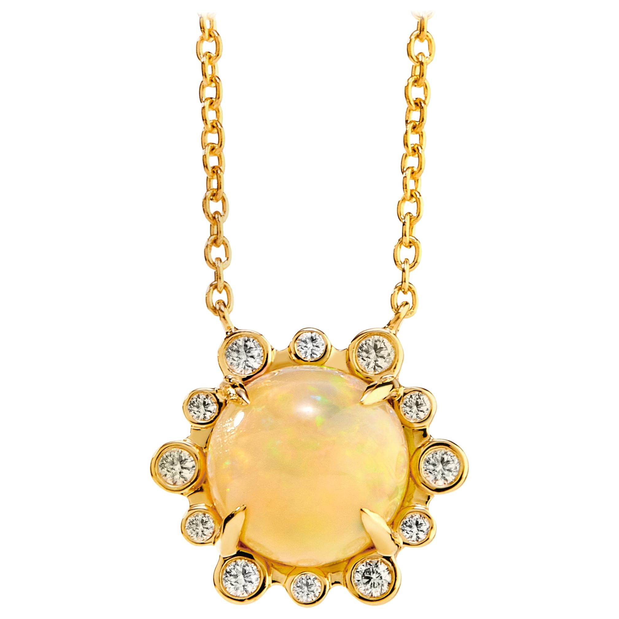 Syna Yellow Gold Opal Necklace with Diamonds For Sale