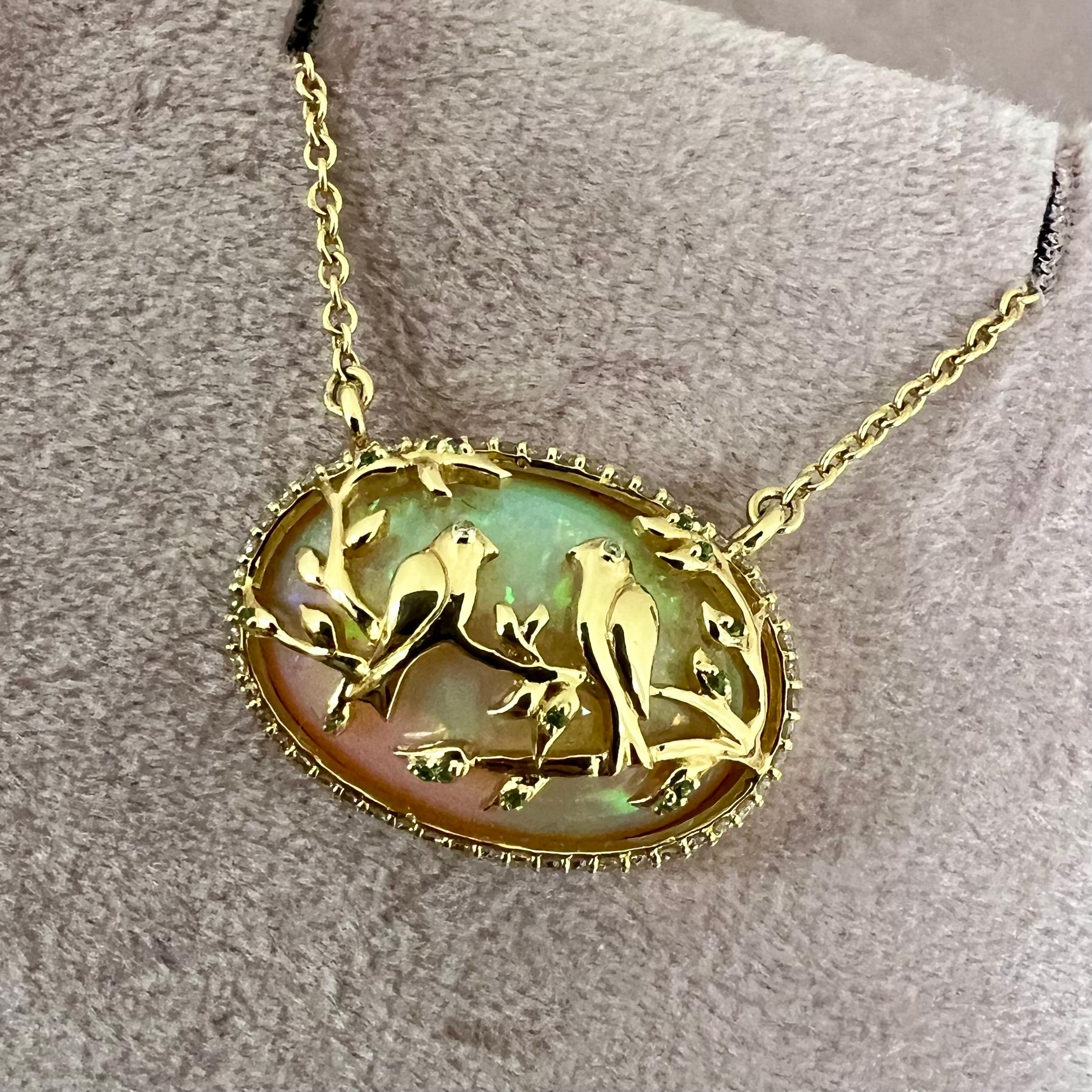 Contemporary Syna Yellow Gold Opal Necklace with Tsavorites and Diamonds