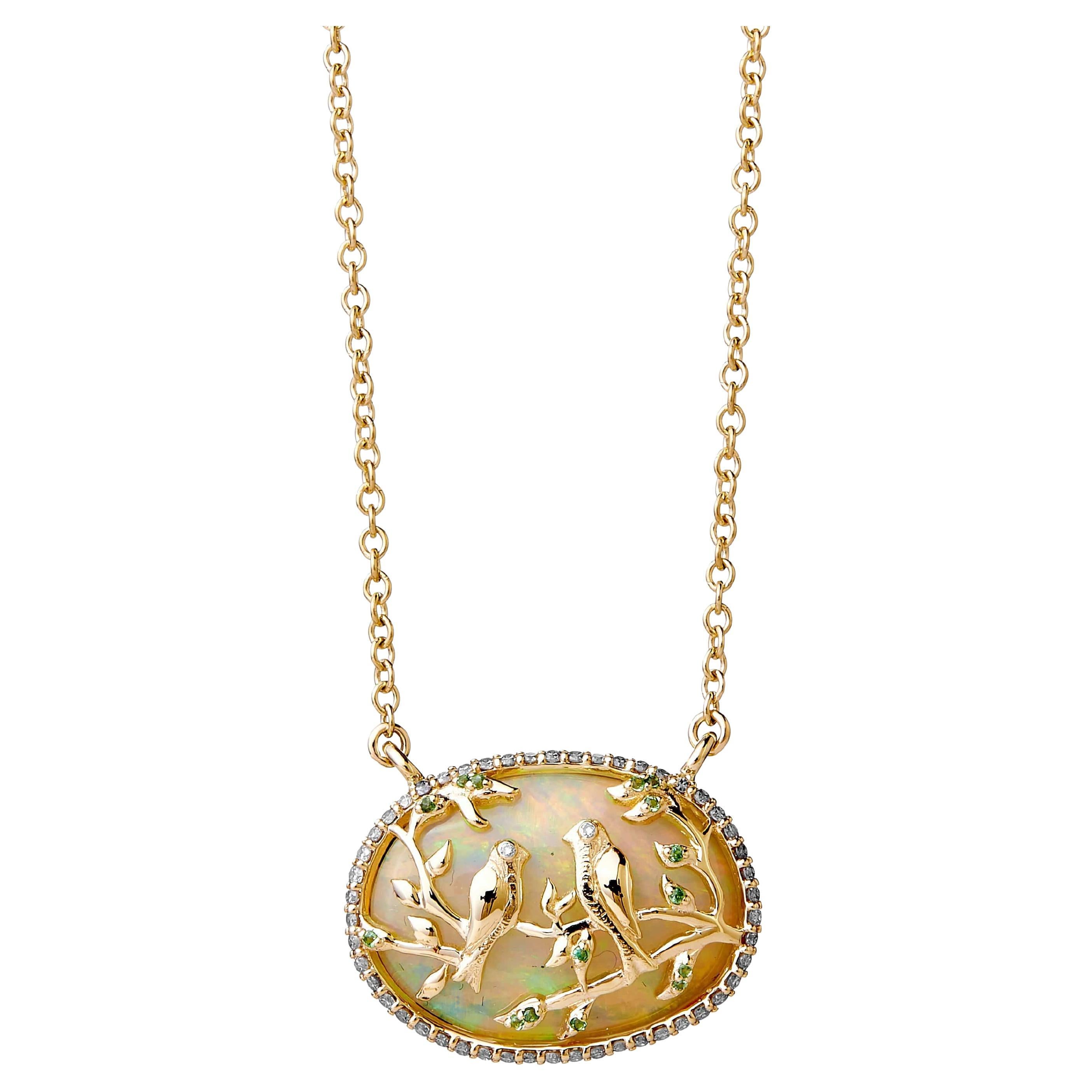 Syna Yellow Gold Opal Necklace with Tsavorites and Diamonds For Sale