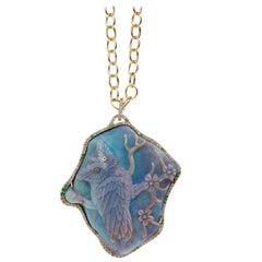 Syna Yellow Gold Opal Owl Pendant with Diamonds and Tsavorite