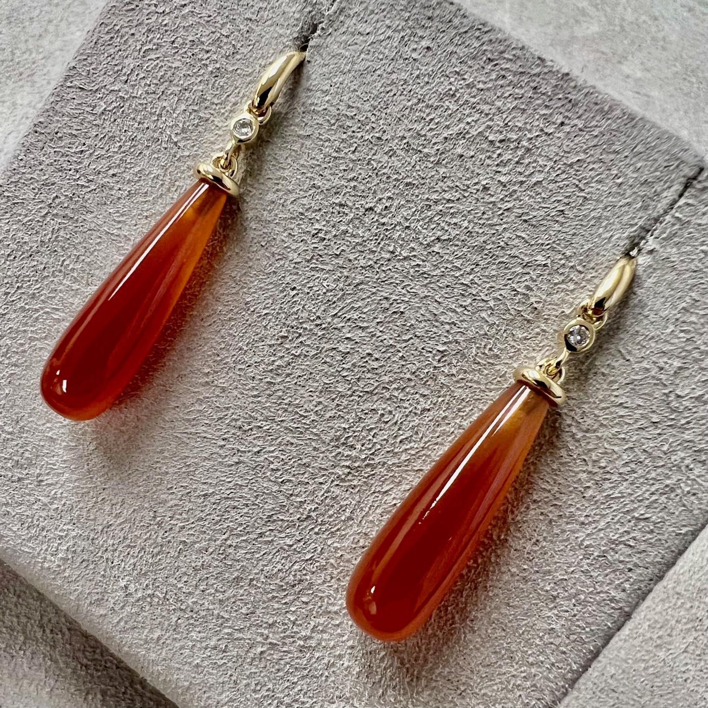 Contemporary Syna Yellow Gold Orange Chalcedony Drop Earrings with Champagne Diamonds For Sale