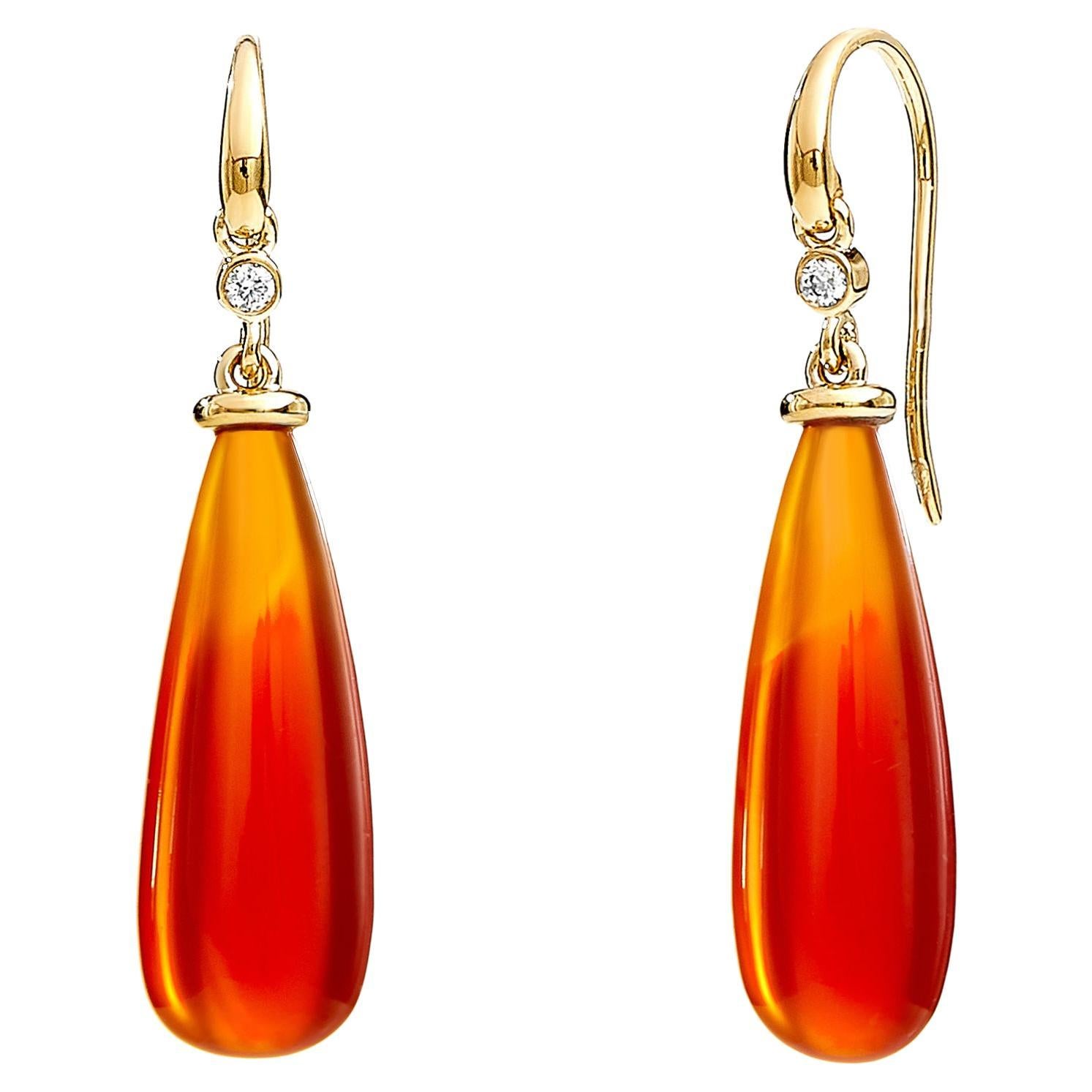Syna Yellow Gold Orange Chalcedony Drop Earrings with Champagne Diamonds For Sale