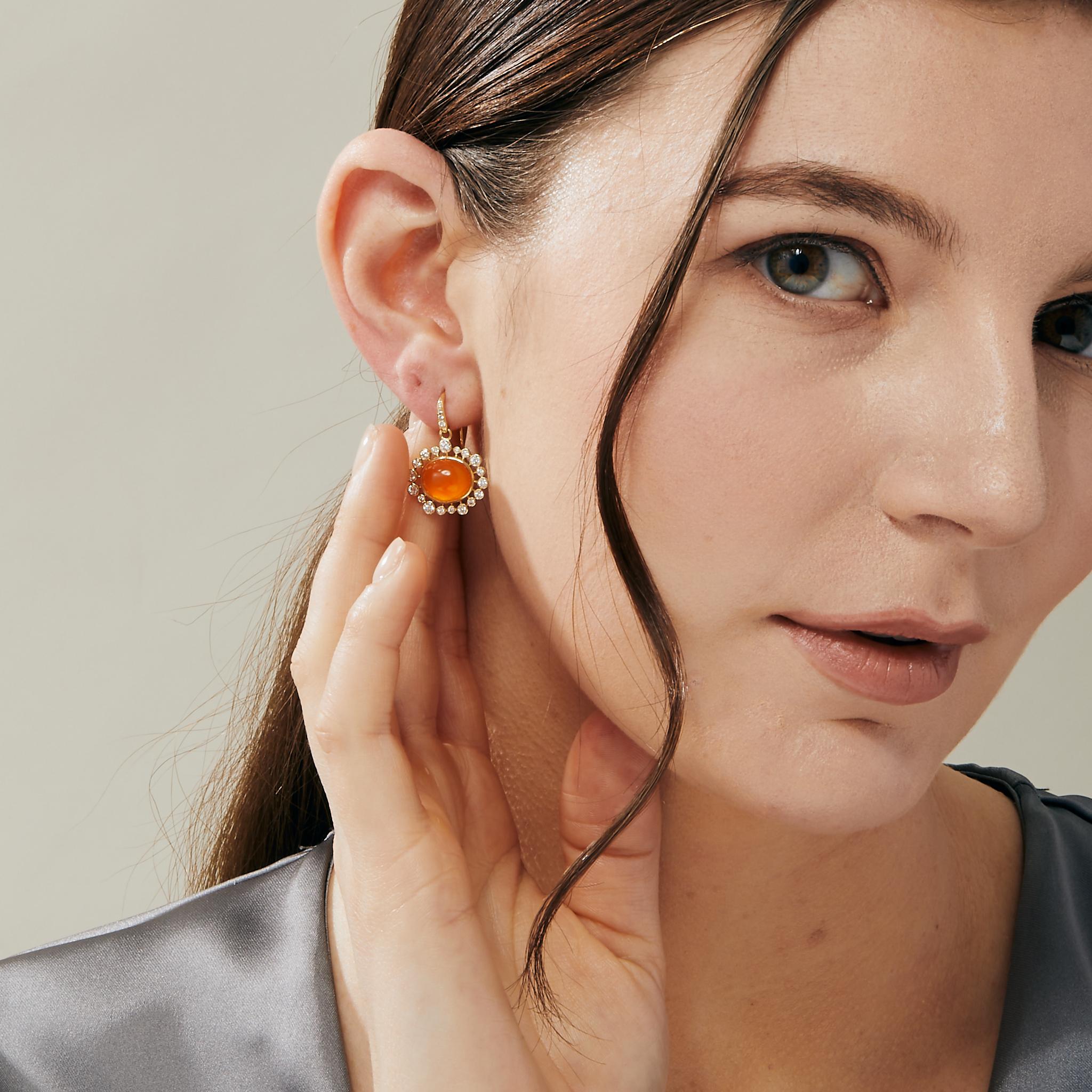 Contemporary Syna Yellow Gold Orange Chalcedony Earrings with Diamonds For Sale