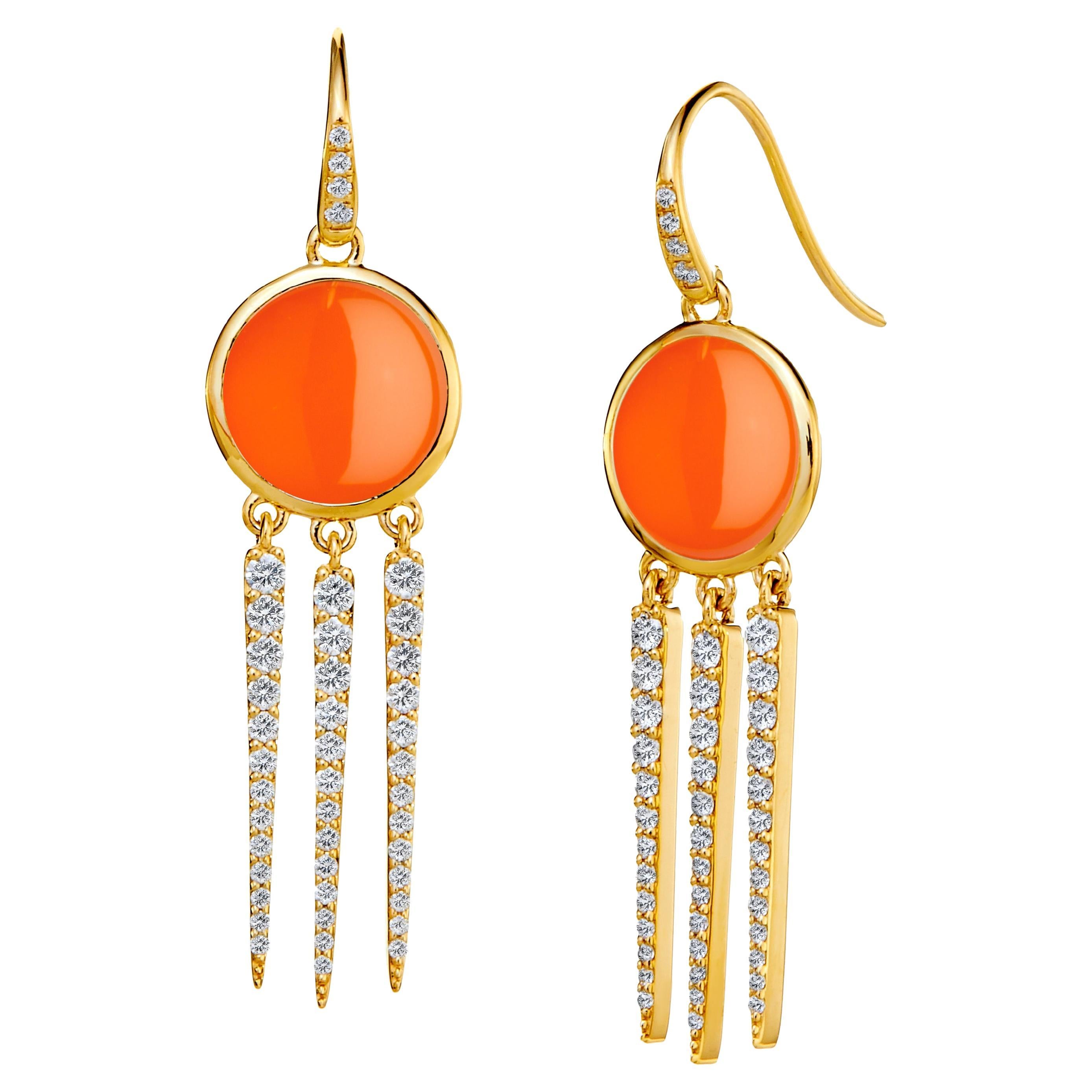 Syna Yellow Gold Orange Chalcedony Earrings with Diamonds For Sale