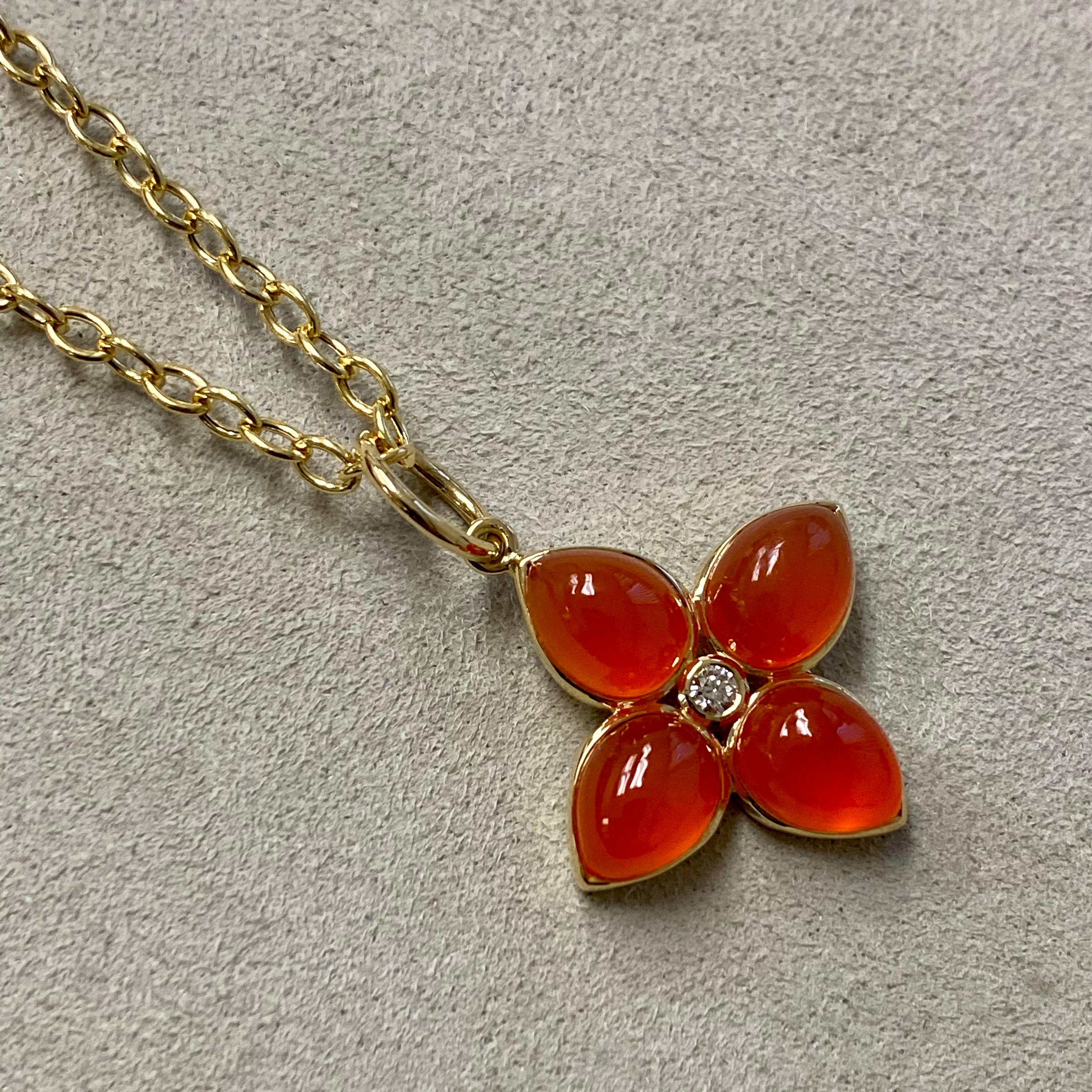 Contemporary Syna Yellow Gold Orange Chalcedony Flower Pendant with Champagne Diamond For Sale
