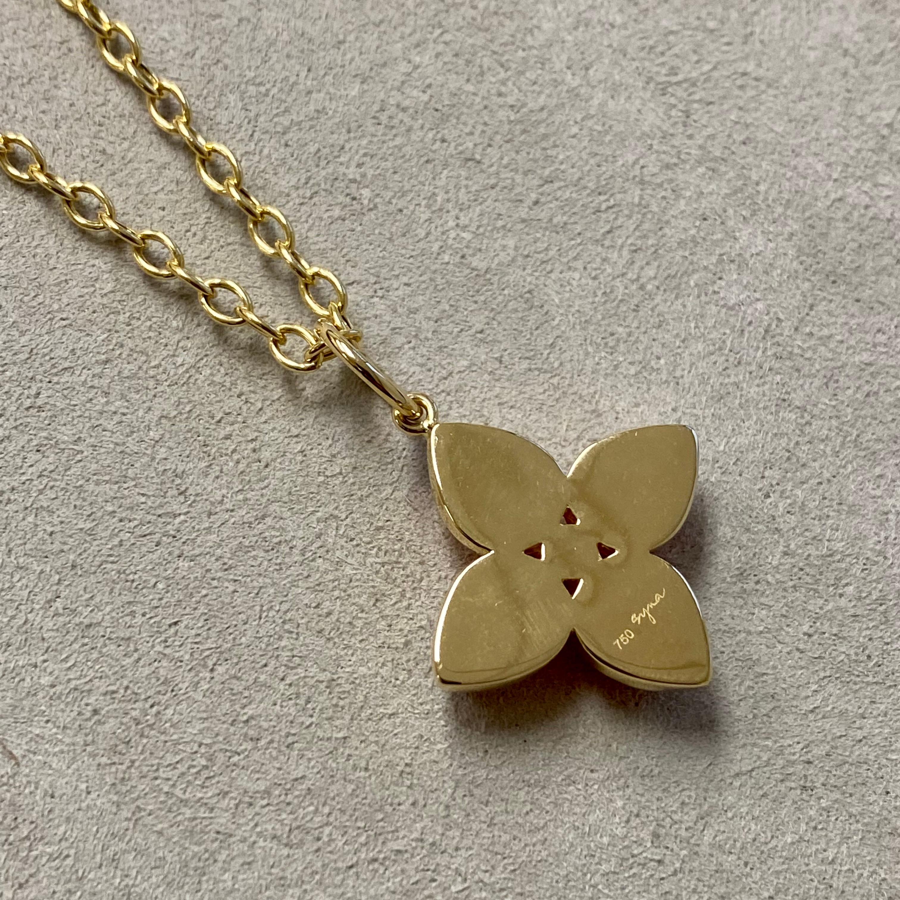 Pear Cut Syna Yellow Gold Orange Chalcedony Flower Pendant with Champagne Diamond For Sale