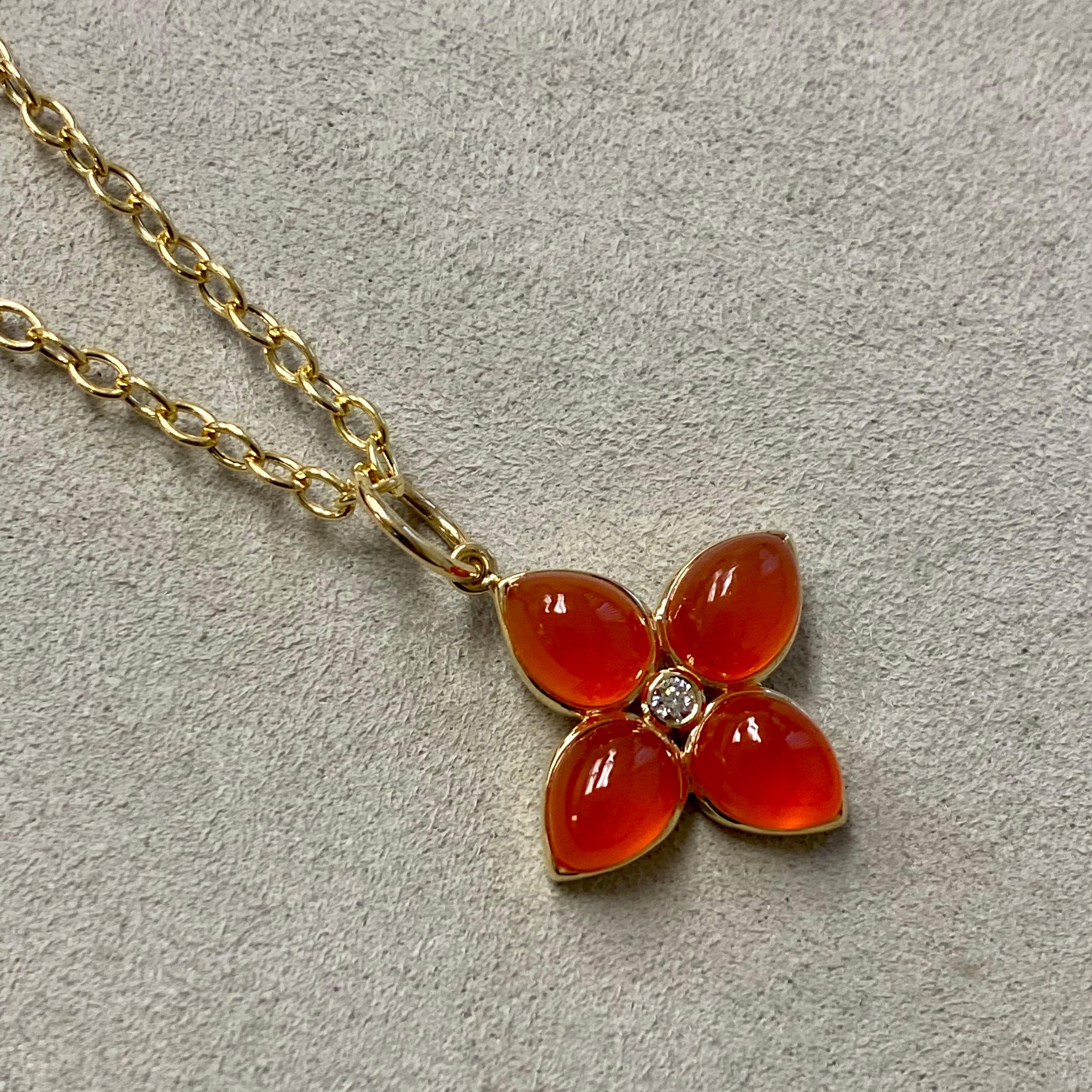 Women's Syna Yellow Gold Orange Chalcedony Flower Pendant with Champagne Diamond For Sale