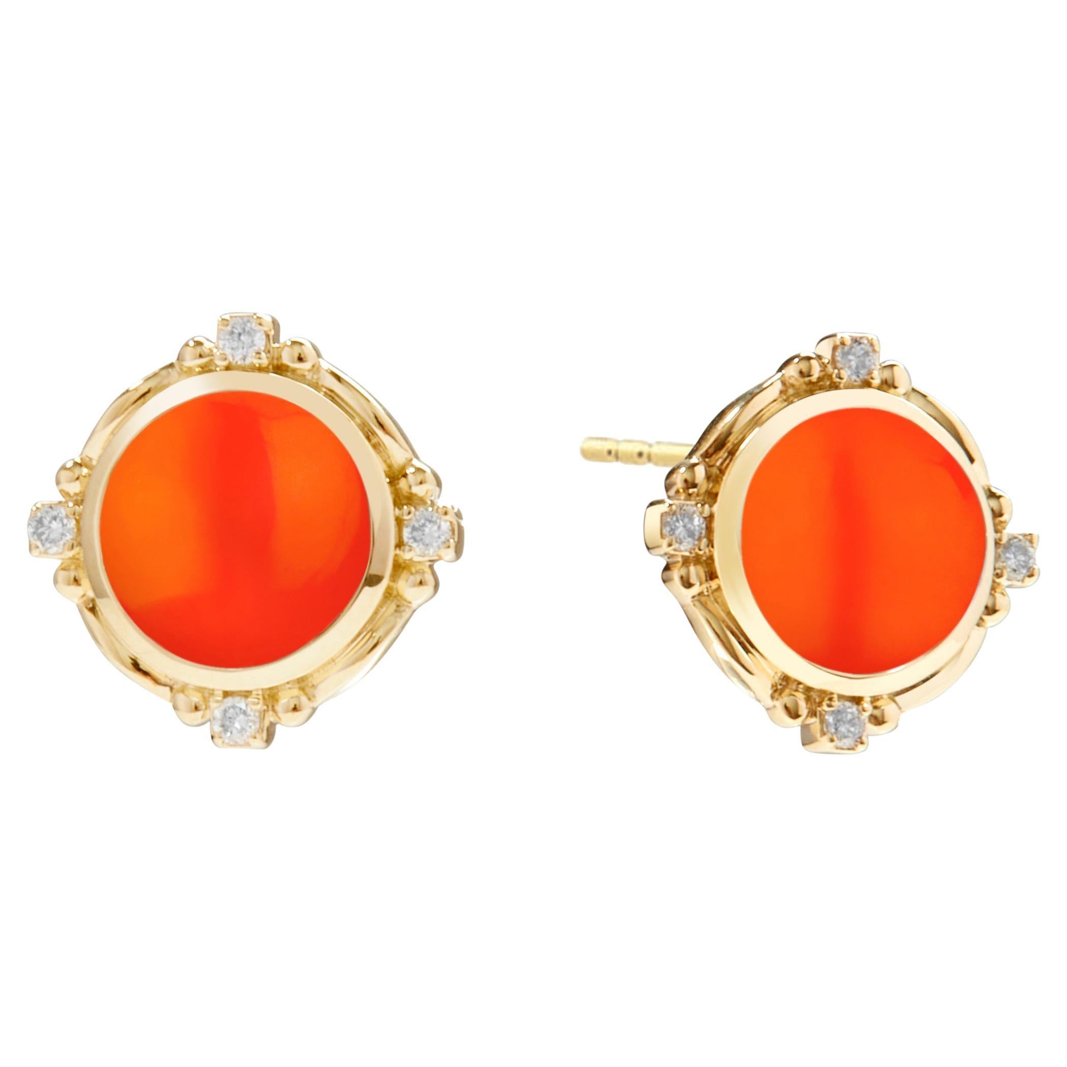 Syna Yellow Gold Orange Chalcedony Mogul Earrings with Diamonds For Sale