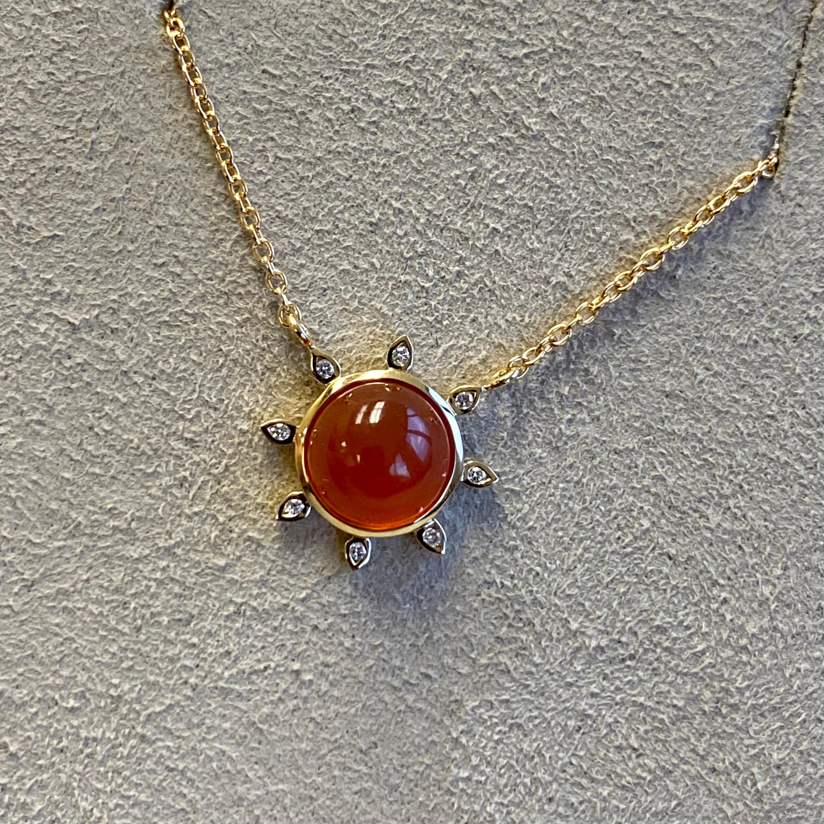 Contemporary Syna Yellow Gold Orange Chalcedony Necklace with Champagne Diamonds For Sale