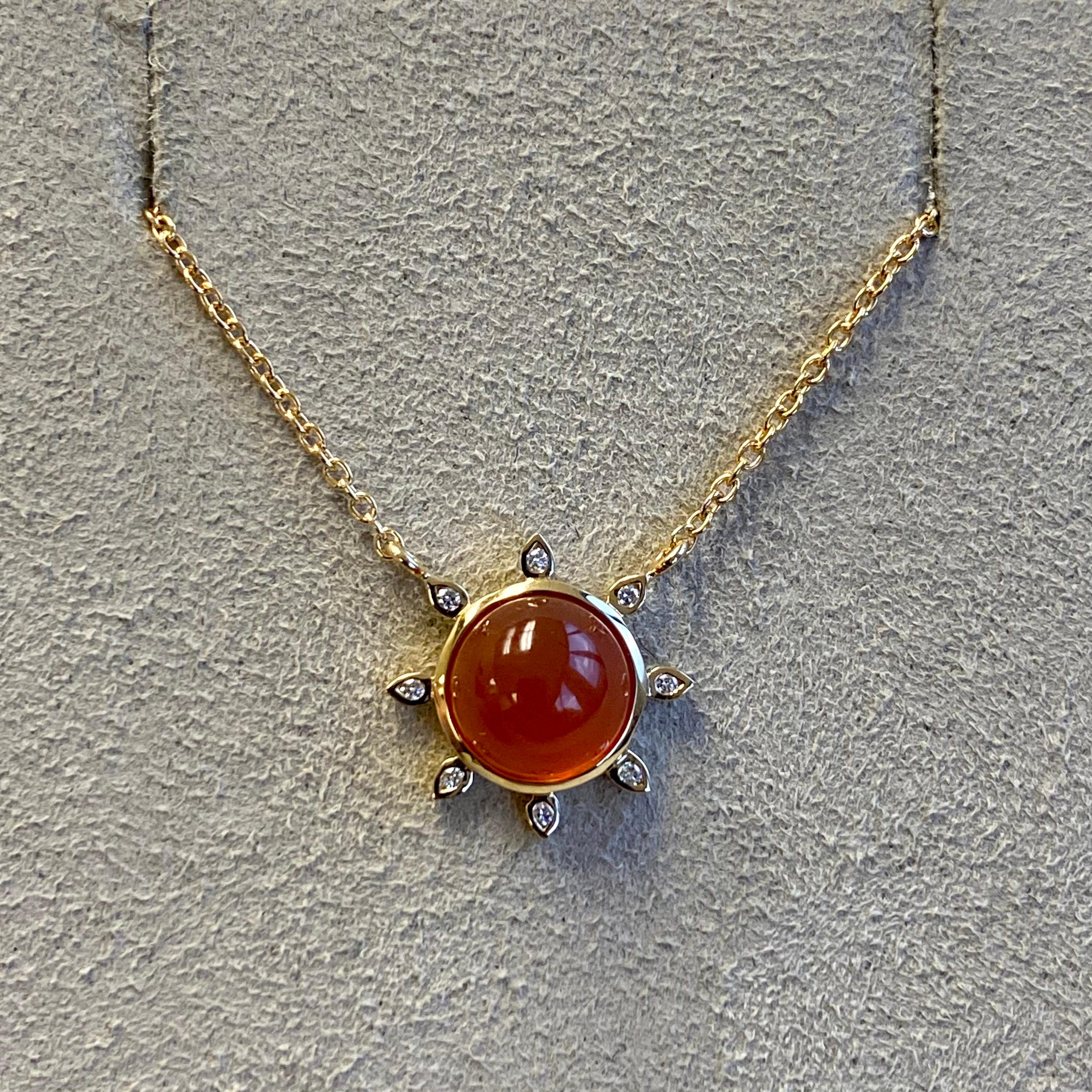 Round Cut Syna Yellow Gold Orange Chalcedony Necklace with Champagne Diamonds For Sale