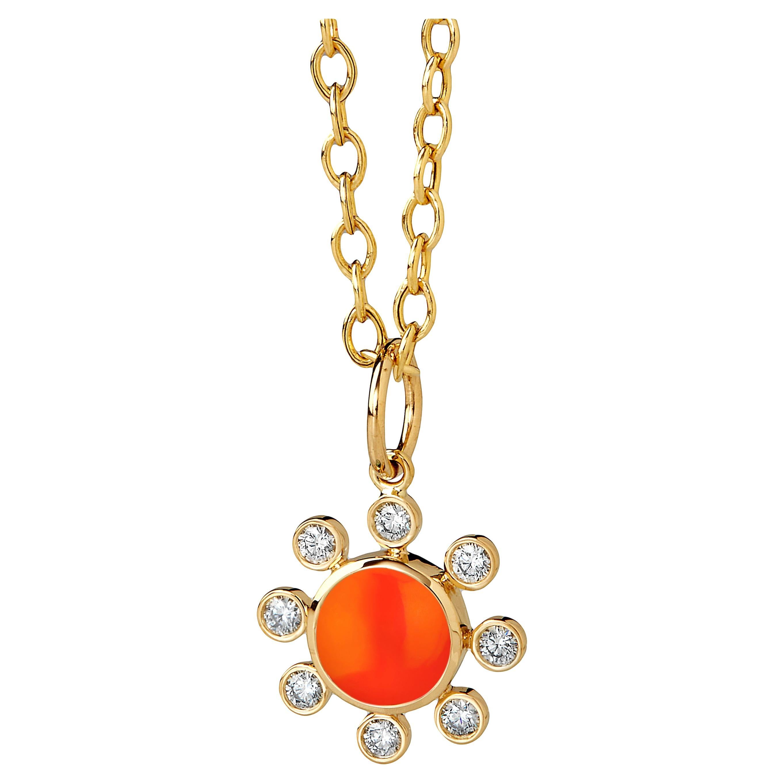 Syna Yellow Gold Orange Chalcedony Pendant with Diamonds For Sale