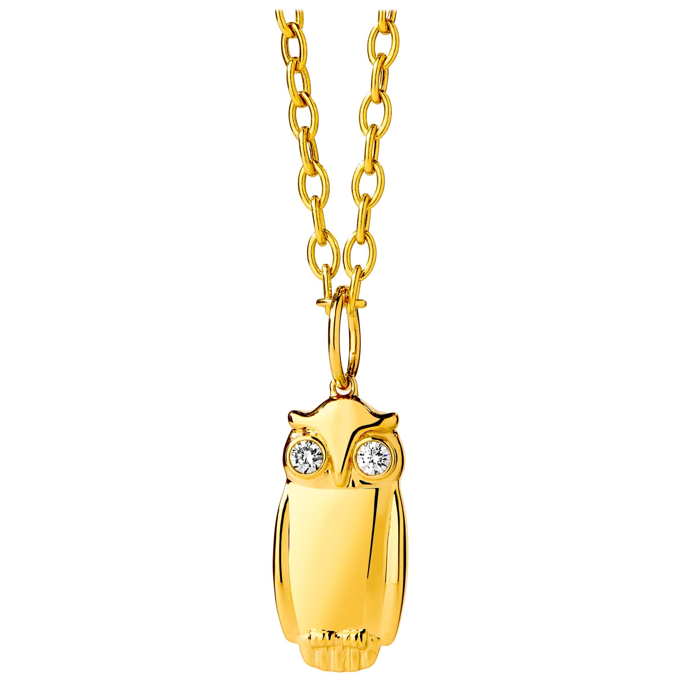 Syna Yellow Gold Owl Pendant with Diamonds For Sale