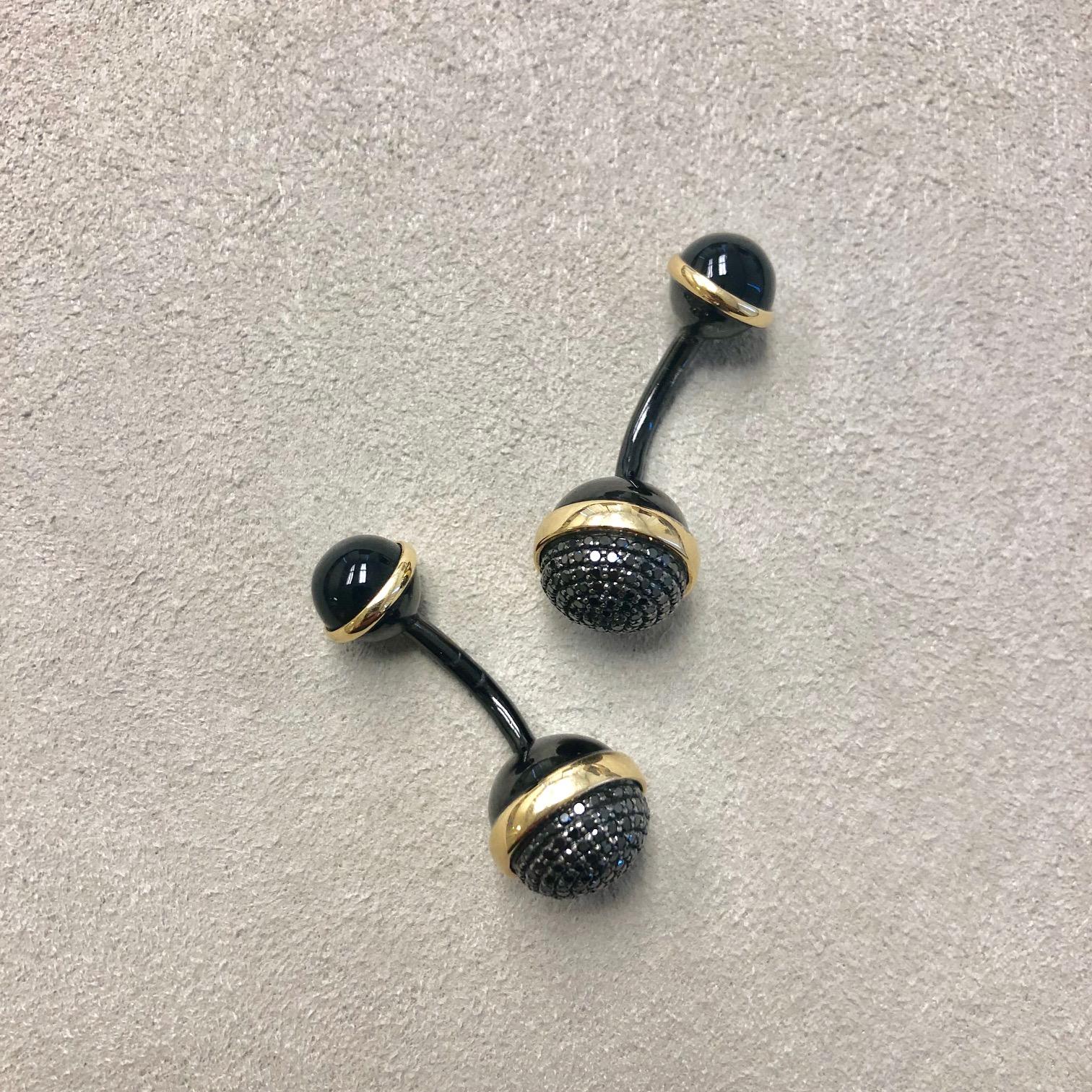 Contemporary Syna Gold and Oxidized Silver Cuff Links with Black Diamonds and Black Onyx