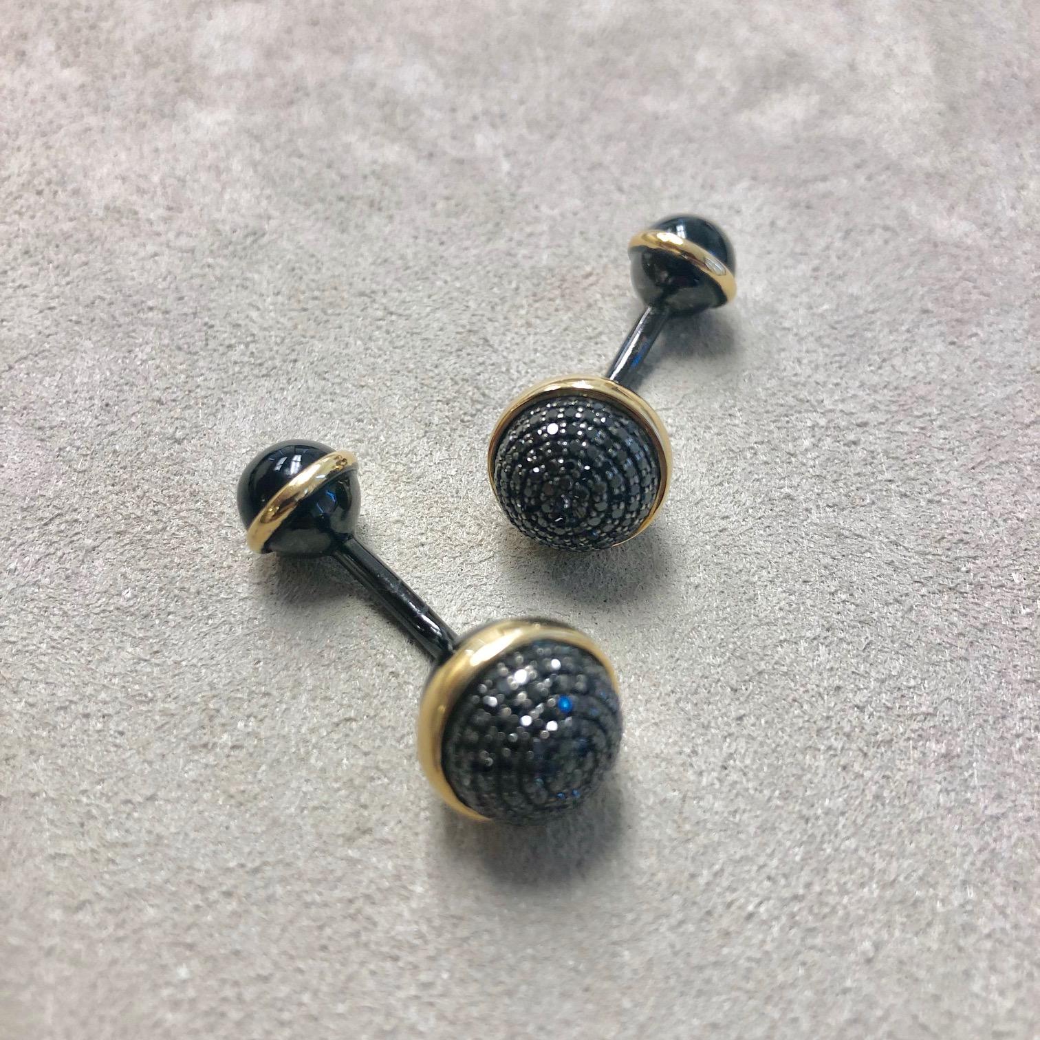 Round Cut Syna Gold and Oxidized Silver Cuff Links with Black Diamonds and Black Onyx