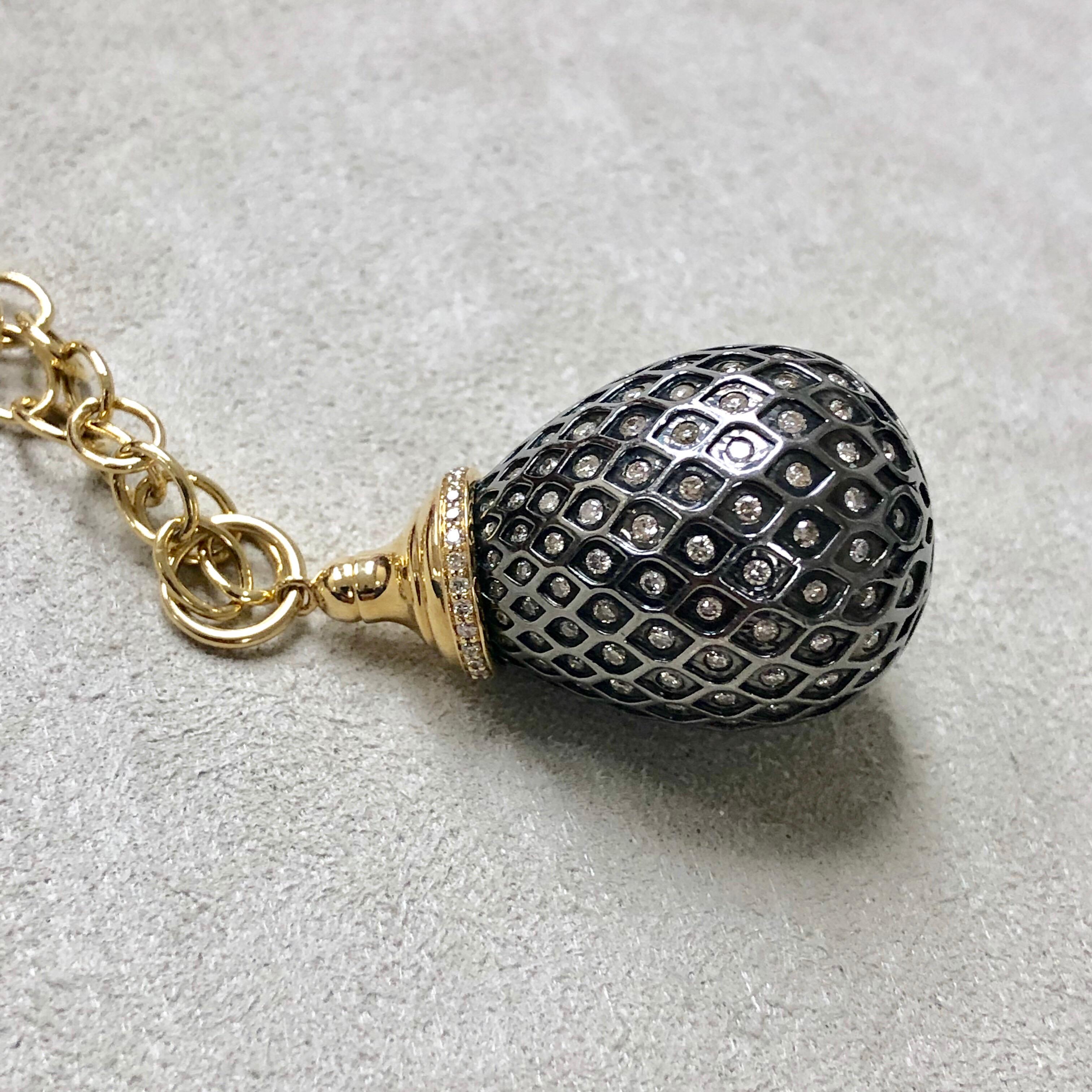 Contemporary Syna Yellow Gold Oxidized Silver Drop Pendant with Champagne Diamonds