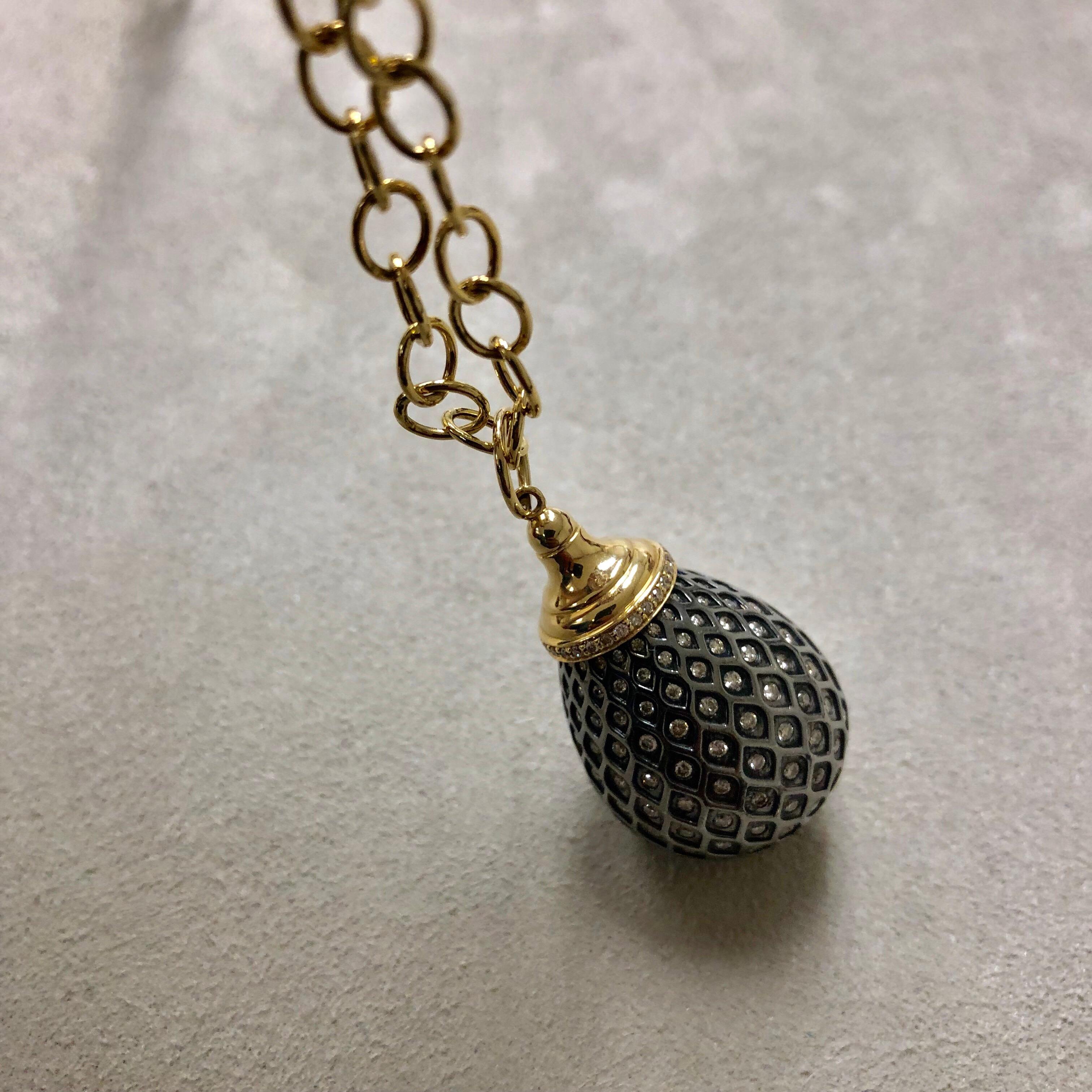 Round Cut Syna Yellow Gold Oxidized Silver Drop Pendant with Champagne Diamonds