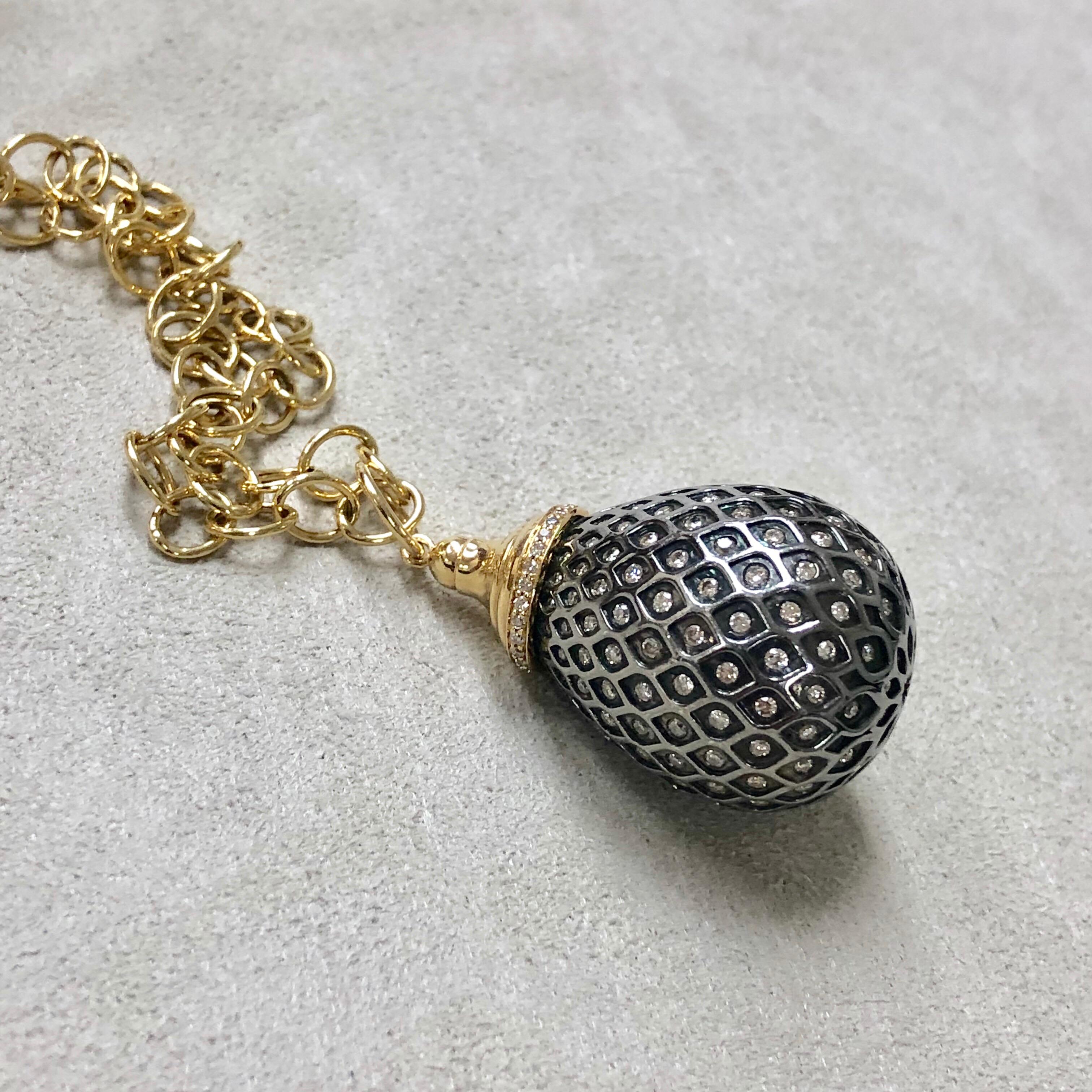 Syna Yellow Gold Oxidized Silver Drop Pendant with Champagne Diamonds In New Condition In Fort Lee, NJ