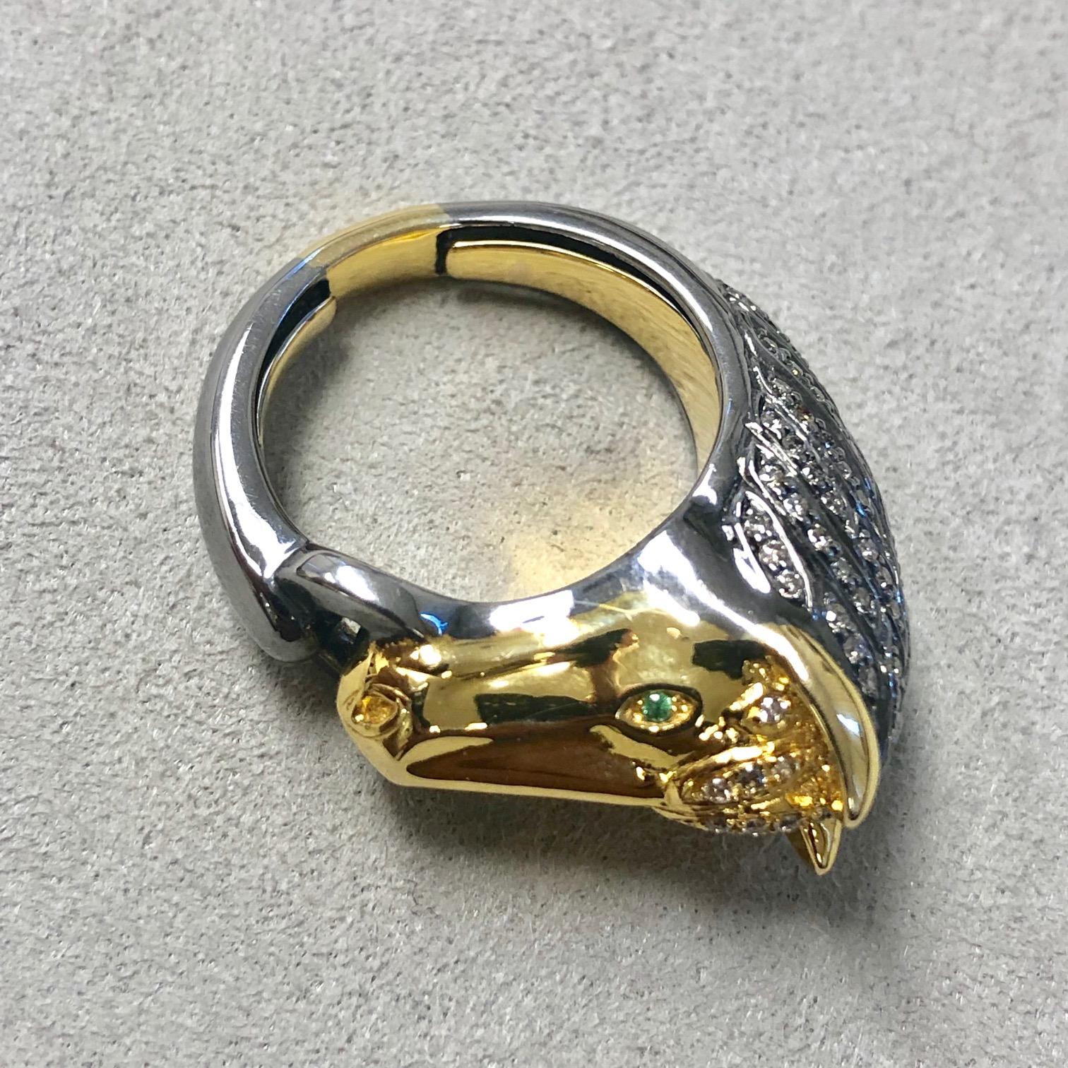 Mixed Cut Syna Yellow Gold and Oxidized Silver Horse Ring with Diamonds For Sale