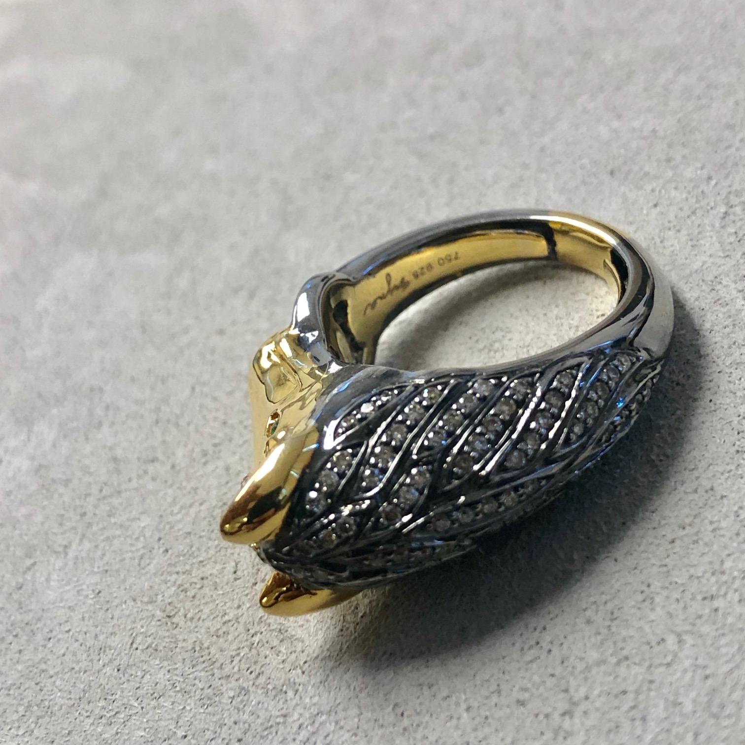 Syna Yellow Gold and Oxidized Silver Horse Ring with Diamonds In New Condition For Sale In Fort Lee, NJ