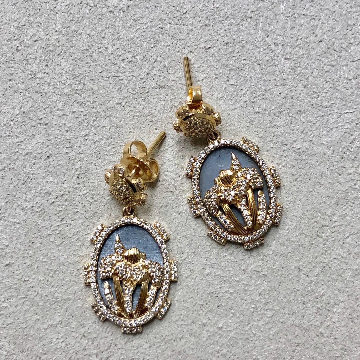 Syna Yellow Gold & Oxidized Silver Iris Flower Earrings with Champagne Diamonds 5